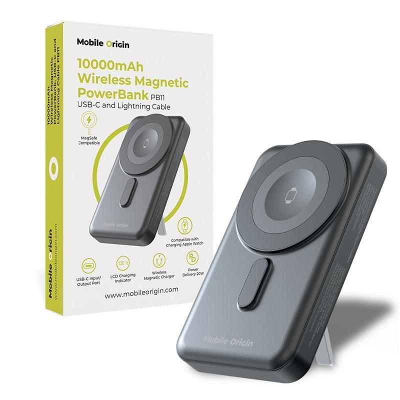 Mobile Origin Wireless Magnetic Powerbank 10000mah - Usb-c And Lightning Cable Pb11 - 10000 Mah - Powerbank Akku Grau Mo-wmp-pb11