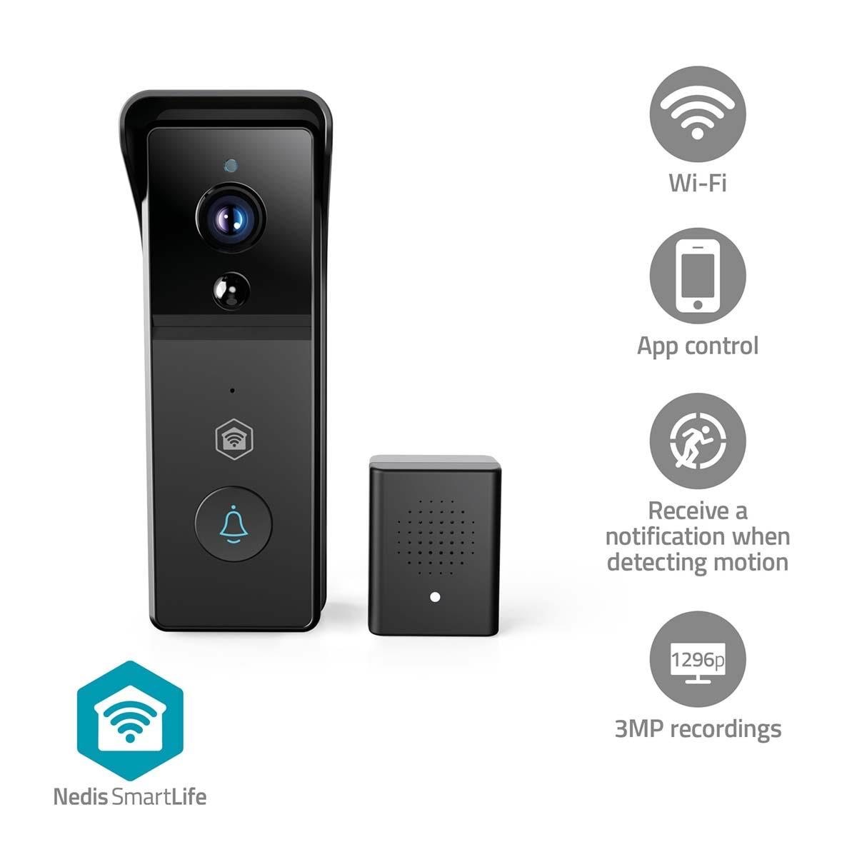 Nedis Smartlife Video Doorphone Wi-fi Battery 3mp Full HD 1296p Cloud Storage (Option) / Microsd (Not Included) Ip44 With Motion Sensor Night Vision 