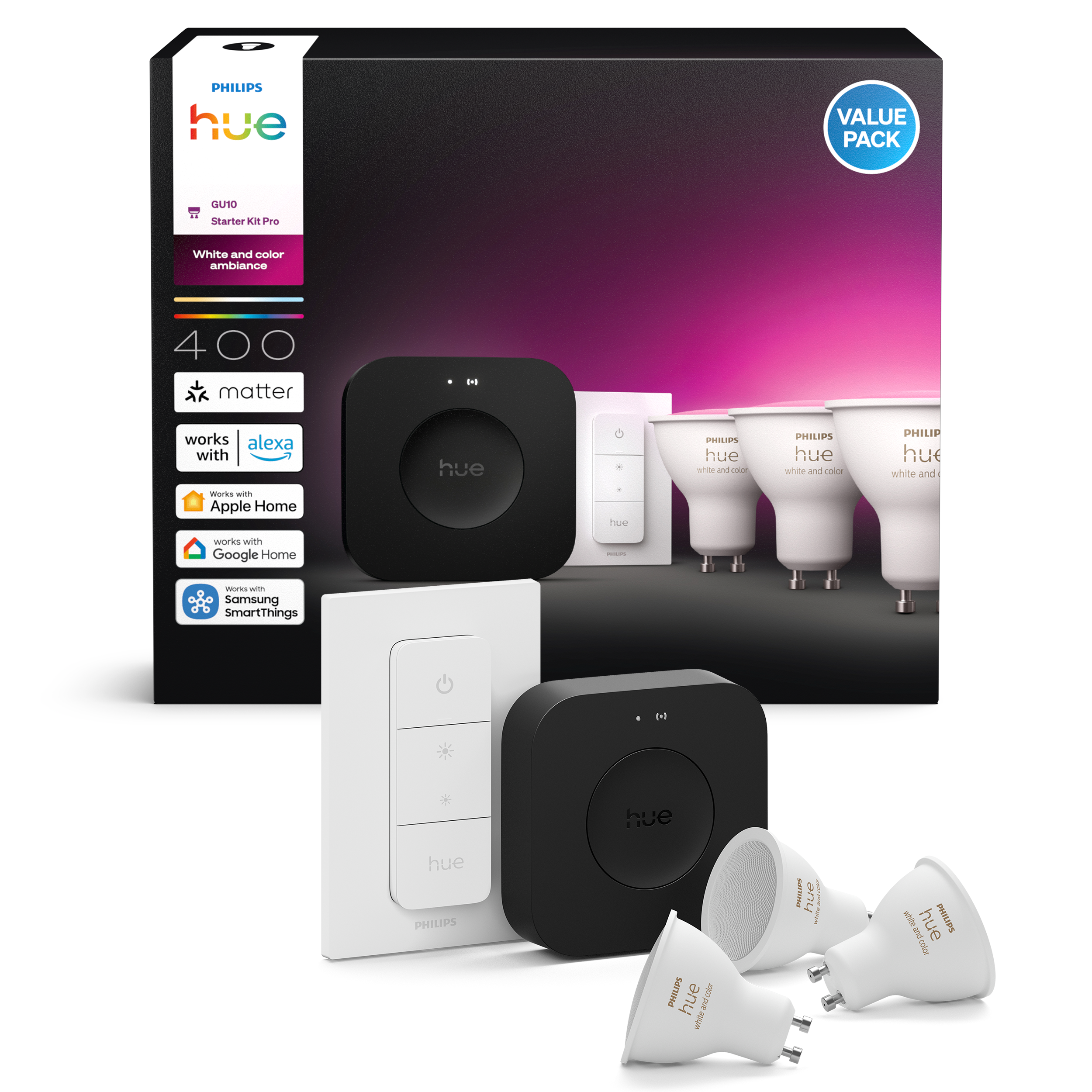Philips Hue Starter Kit Pro: 3 Gu10 Bulbs + Dimmer Switch + Bridge Pro - Smart Home