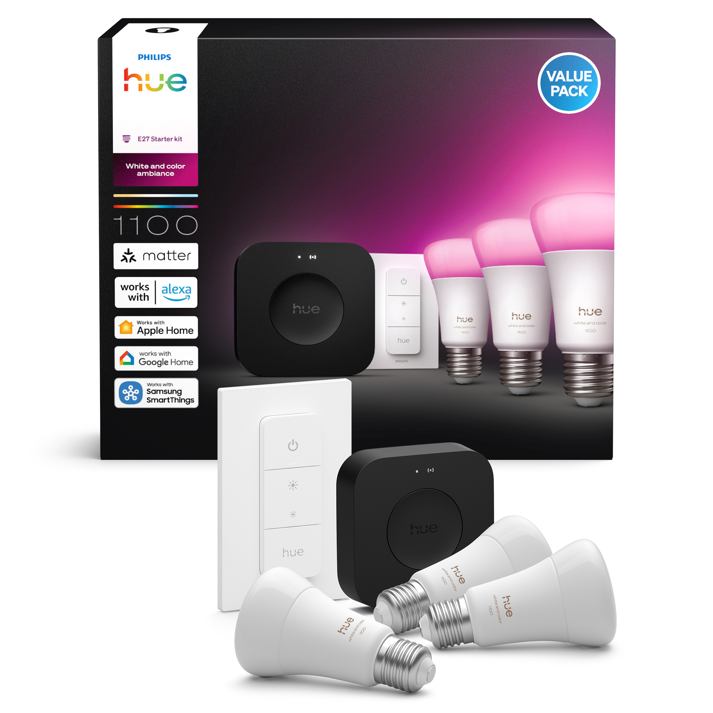 Philips Hue Starter Kit: 3 E27 Smart Bulbs + Dimmer Switch + Bridge Pro - Smart Home 929003853503