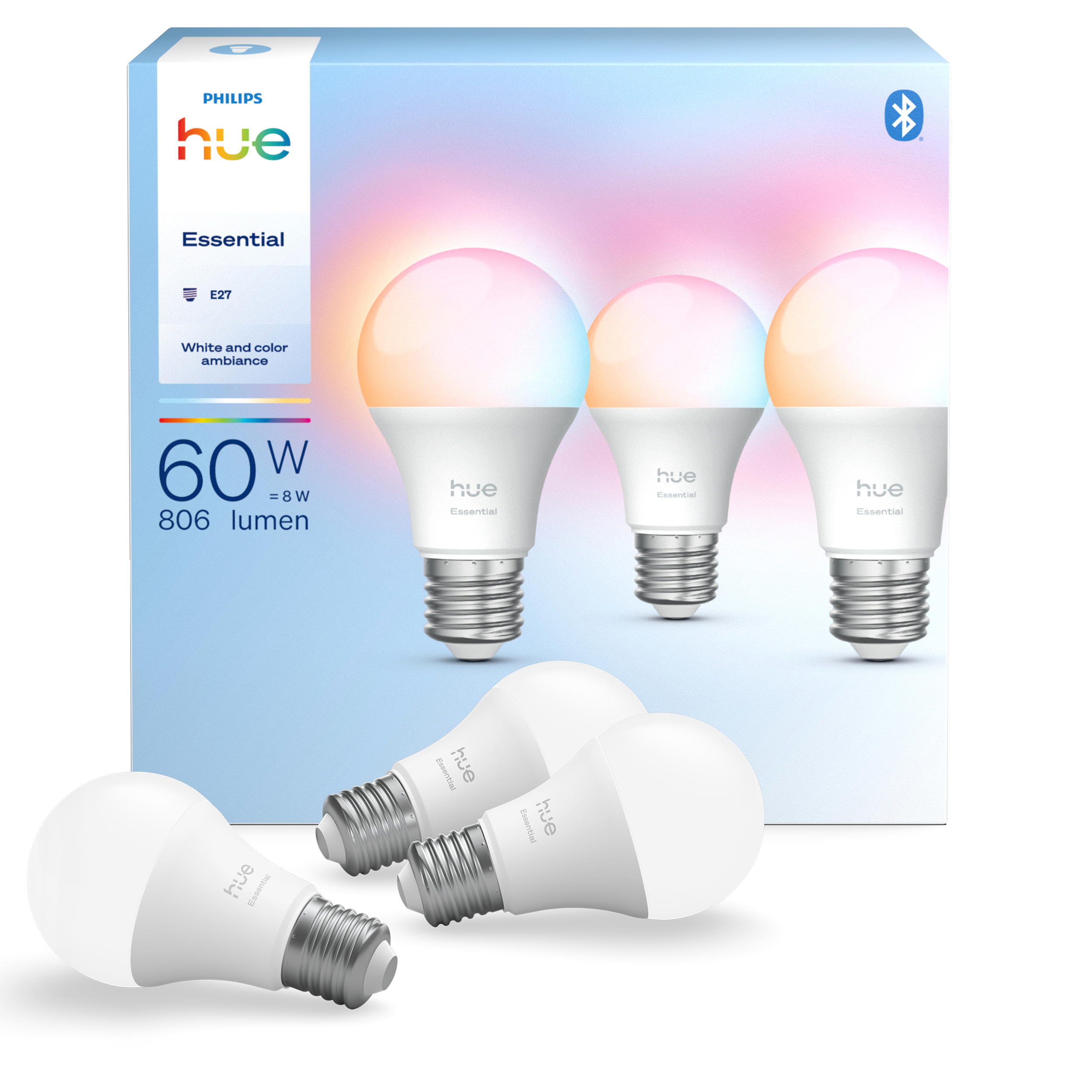 Philips Hue Essential A60 - E27 Smart Bulb - 806 Lumen - 8 W - 3 Pack - Smart Home