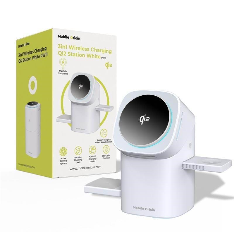 Mobile Origin 3in1 Wireless Charging Qi2 Station Pw11 - White - Handys Adapter Und Ladegeraete
