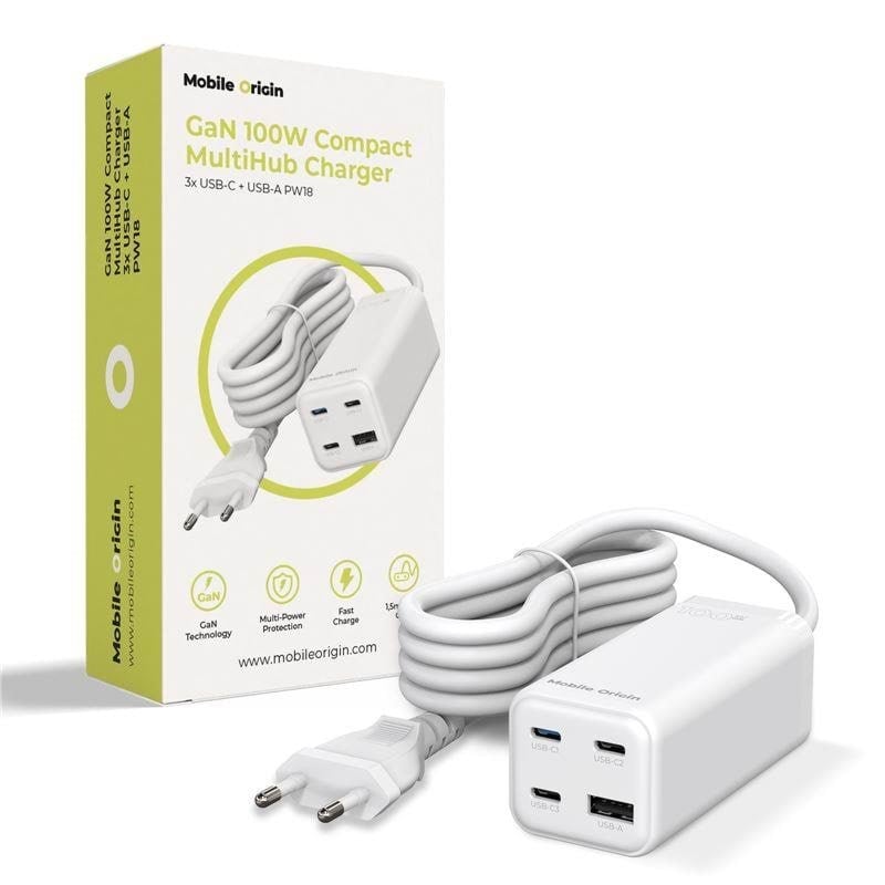 Mobile Origin Gan 100w Compact Multihub Charger Pw18 With 3x Usb-c + Usb-a - Handys Adapter Und Ladegeraete