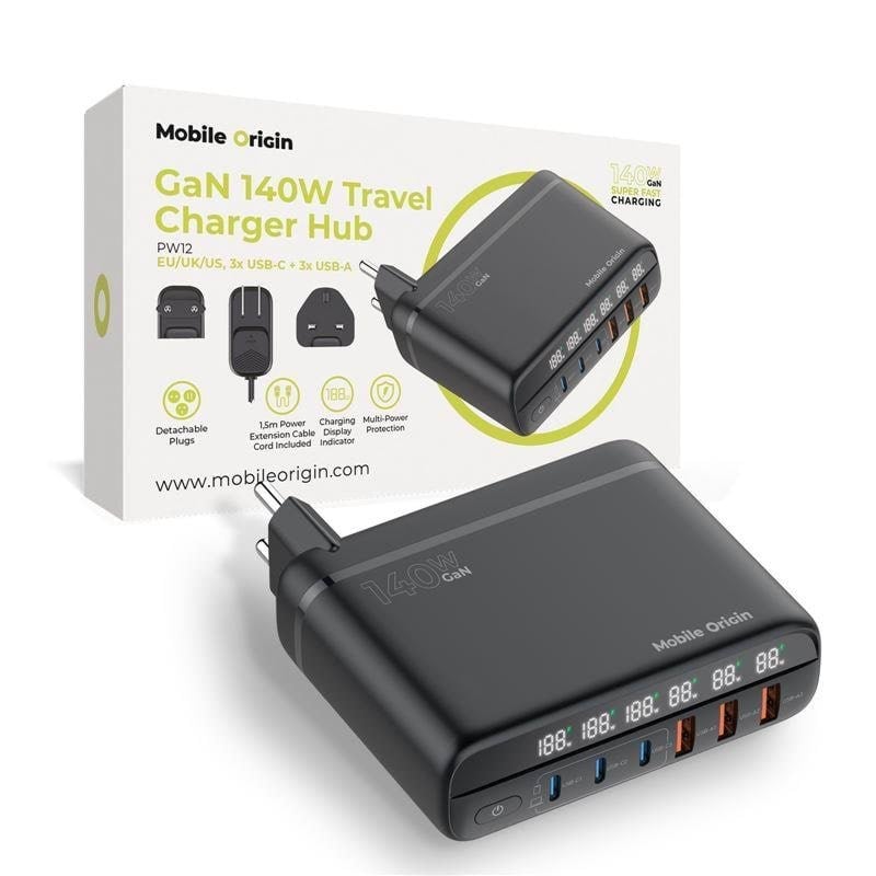 Mobile Origin Gan 140w Travel Charger Hub Pw12 Eu/uk/us - 3x Usb-c + 3x Usb-a - Handys Adapter Und Ladegeraete