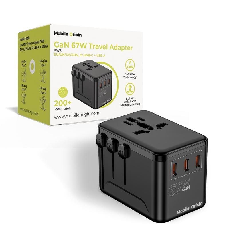 Mobile Origin Gan 67w Travel Adapter Pw5 Eu/uk/us/aus - 3x Usb-c + Usb-a - Handys Adapter Und Ladegeraete Mo-tra67-pw5