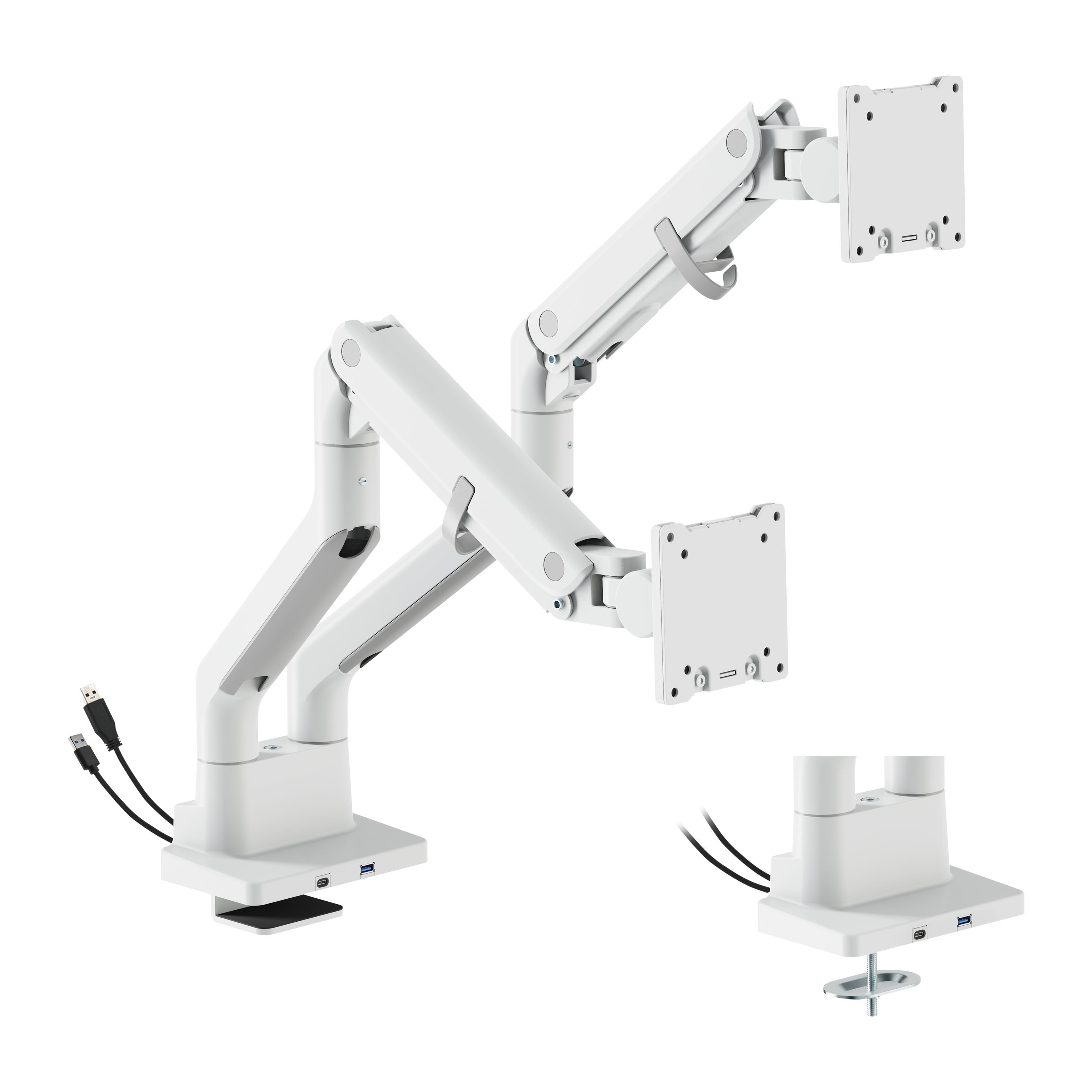 Dutzo Monitorarm Für 2 Monitore (27" - 45") - Heavy Duty Deluxe Mit Usb A- Und C-anschlüssen - Weiß - Monitorhalterung Mmhddlx-2w