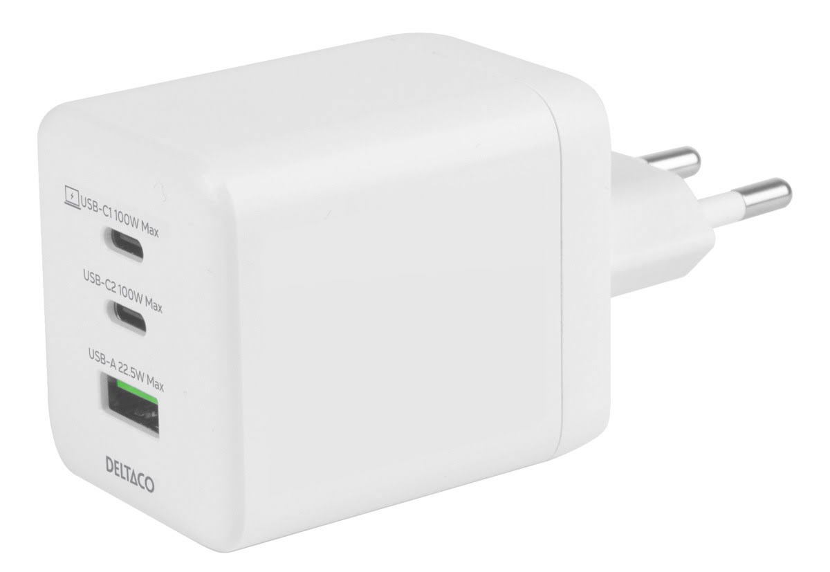 Deltaco Usb Gan Wall Charger 100w | 1x Usb-a | 2x Usb-c | Pps + PD | White - Handys Adapter Und Ladegeraete