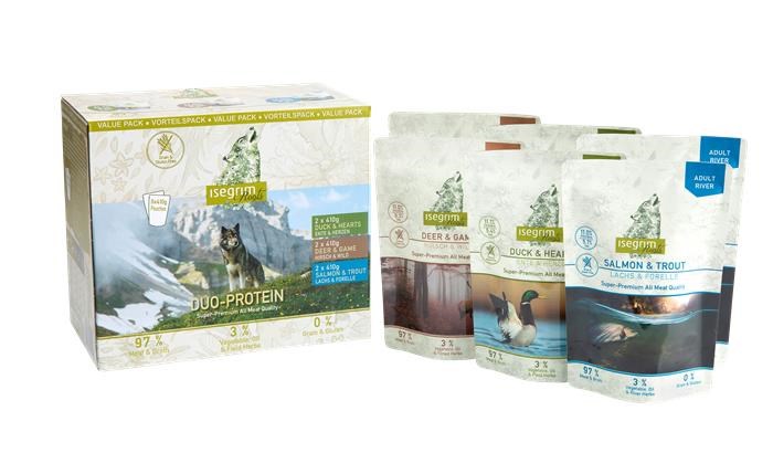 Isegrim - Duo-protein 6x 410 gr (Deer & Game - Salmon & Trout - Duck & Heart) - Hunde 4250231540998