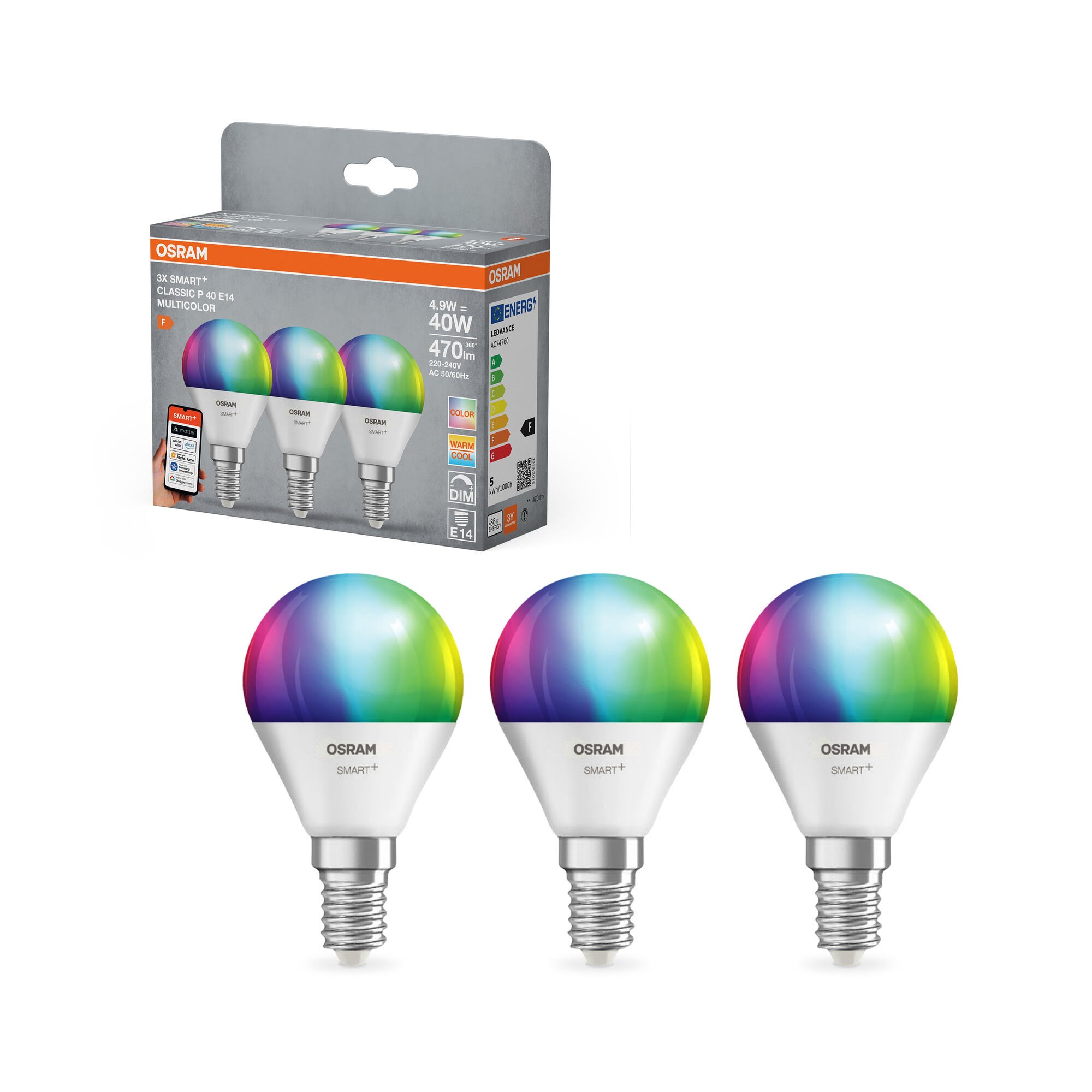 Osram Smart+ Frosted Mini-ball 470lm 4.9w/rgbw (40w) Frosted E14 3-pack - Smart Home 4099854529887