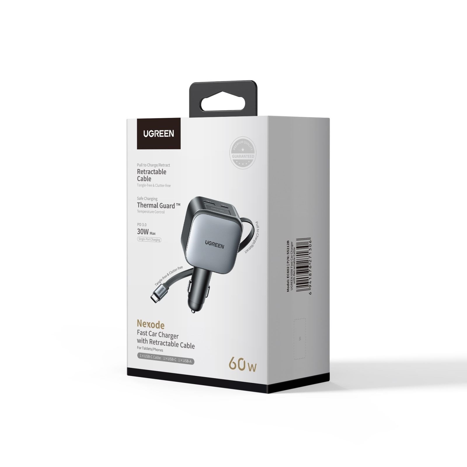 Ugreen 60 W Fast Car Charger With Retractable Cable - Handys Adapter Und Ladegeraete 55212b
