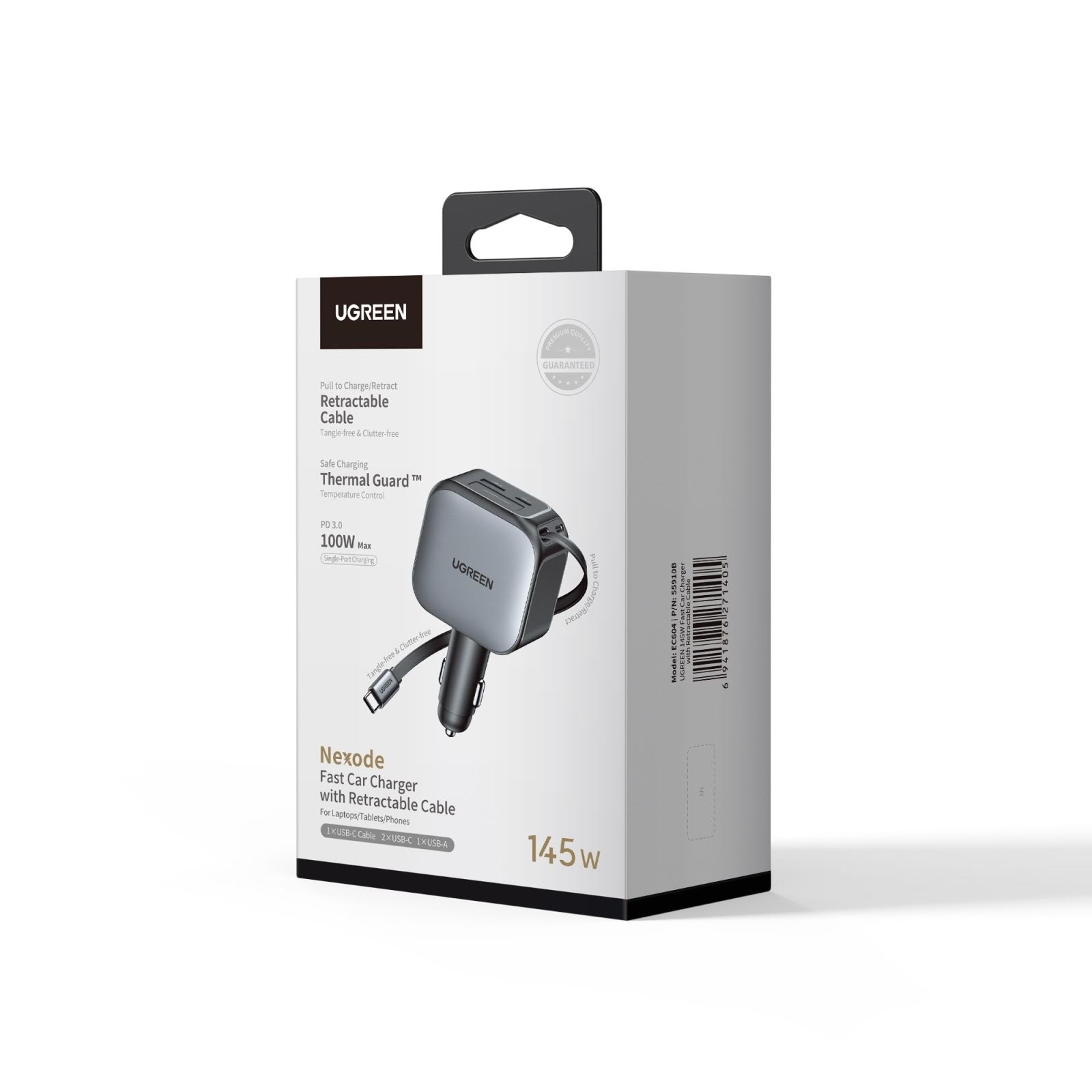 Ugreen 145 W Fast Car Charger With Retractable Cable - Handys Adapter Und Ladegeraete