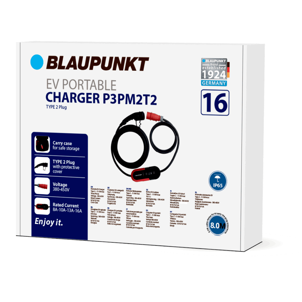 Blaupunkt P3pm2t2 Portable Charger For Electric Cars Type 2 8-16 A 11 kW 8 m - Aufladen Von Elektroautos