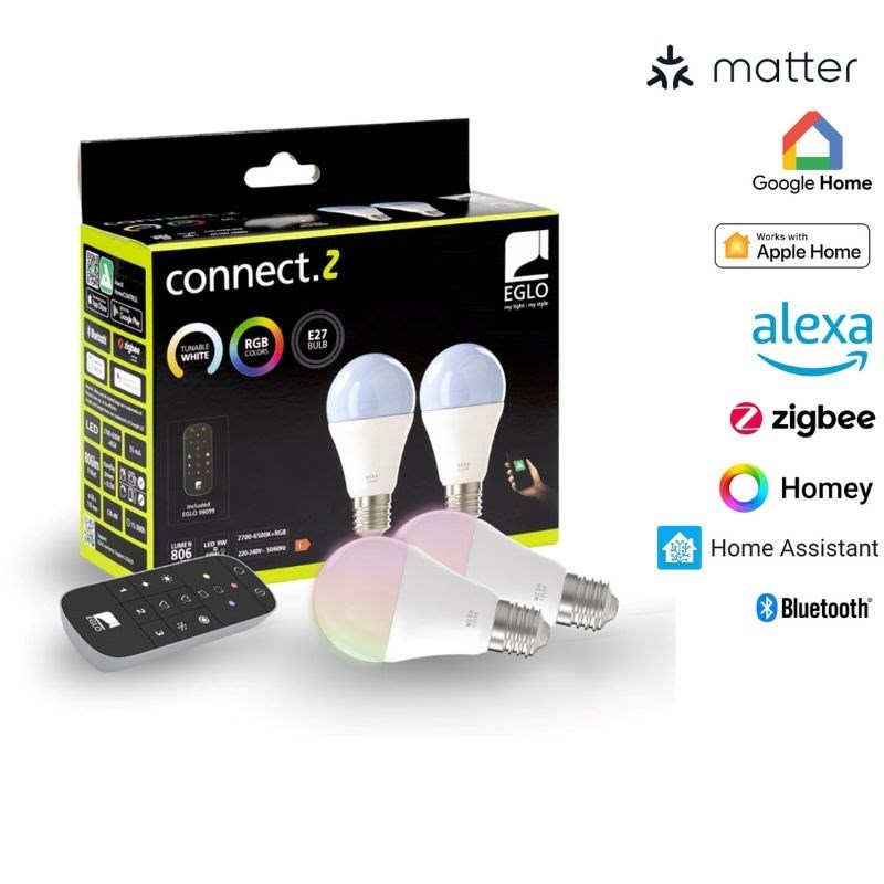 Eglo E27 Led-z Matter A60 Rgb/cct 11w 1300lm Opal 2-pack W/remote Control - Smart Home
