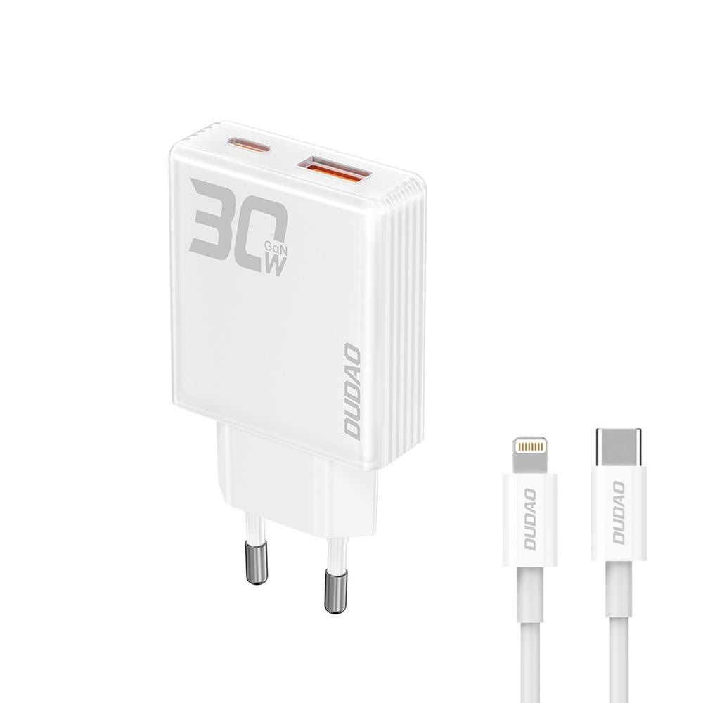 Dudao Gan A30eul 30w Usb-a / Usb-c Wall Charger + Usb-c - Lightning Cable - White - Handys Adapter Und Ladegeraete 6976625332816
