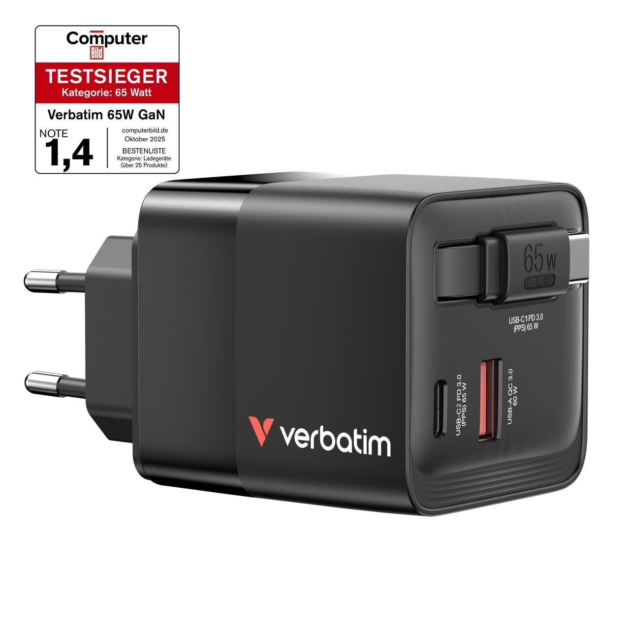 Verbatim - 65w 2 Port With Retractable Cable - Handys Adapter Und Ladegeraete