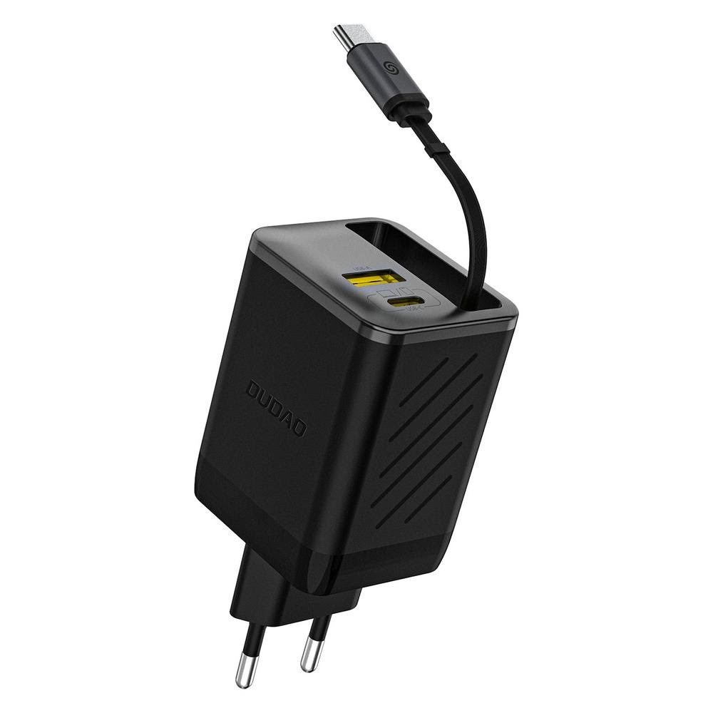Dudao A67eu Gan 67w Wall Charger With Built-in Retractable Usb-c Power Delivery Quick Charge Cable - Black - Handys Adapter Und Ladegeraete