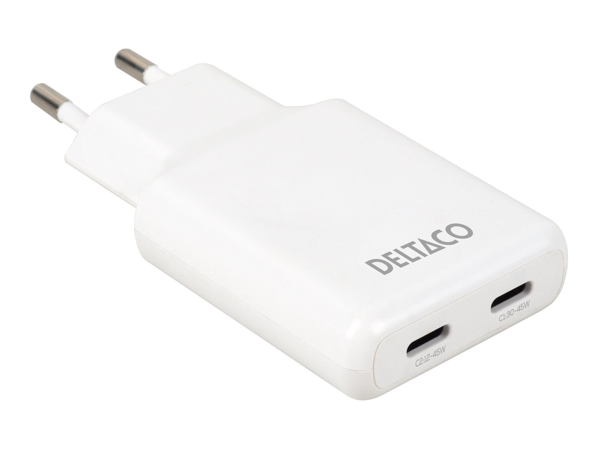 Deltaco Slim Usb-c Wall Charger 45w | 2x Usb-c | Pps + PD | White - Handys Adapter Und Ladegeraete