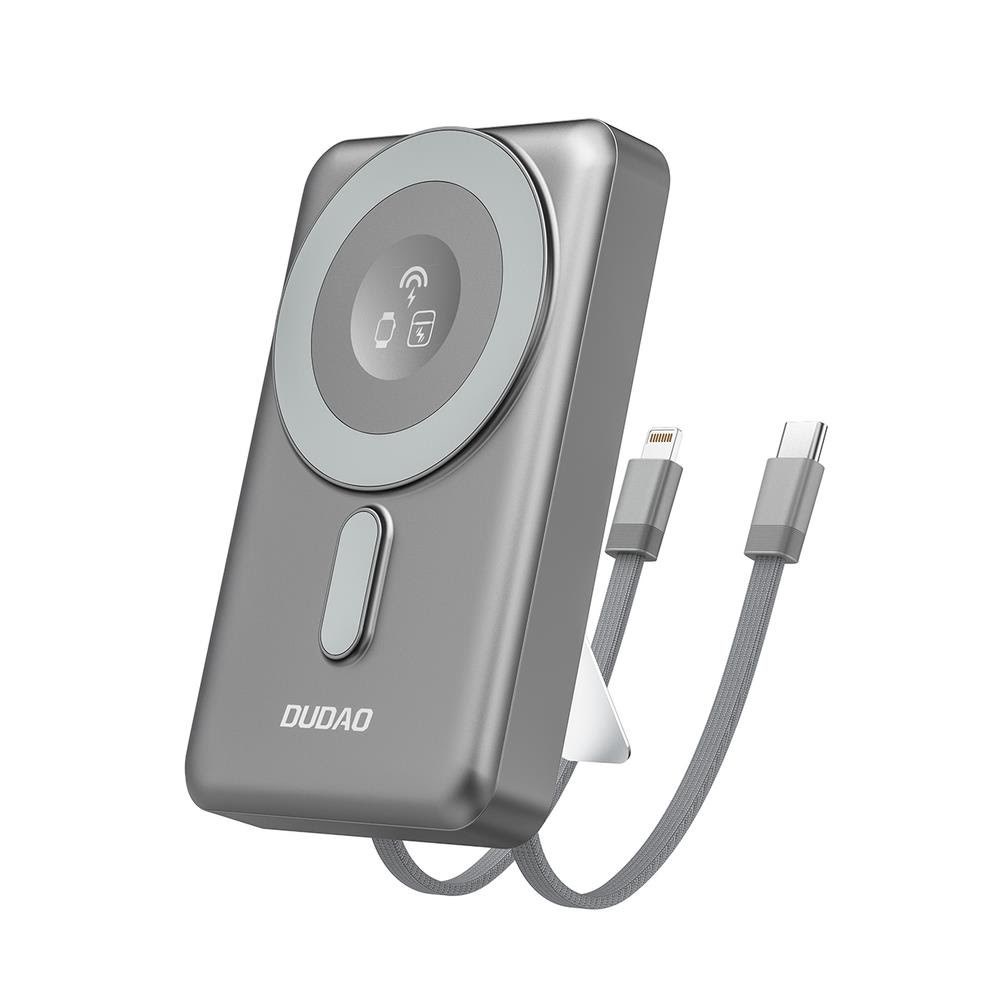 Dudao K29 10000mah PD 20w Magsafe Power Bank With Metal Case Stand And Built-in Usb-c/ Lightning Cables - Gray - 10000 Mah - Powerbank Akku Grau 