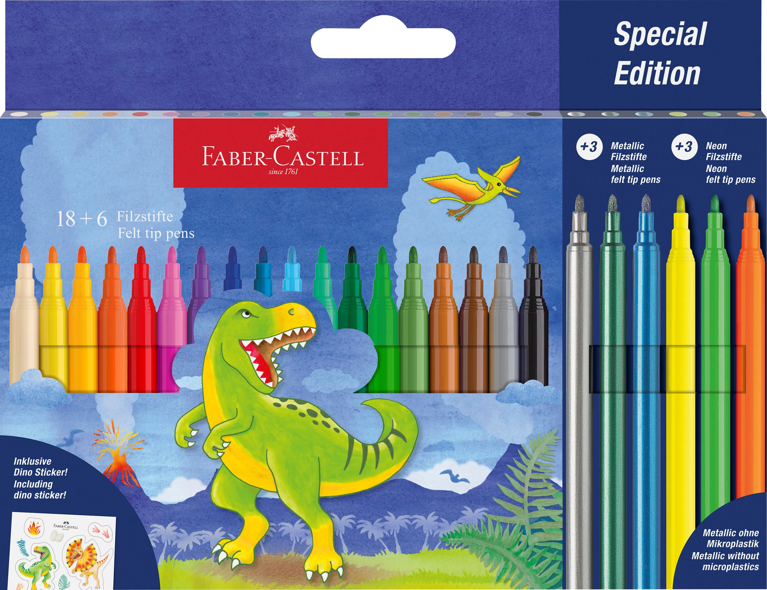 Faber-castell Filzstift Dino 18+6 + Sticker - Utensilien Zum Schreiben Und Zeichnen