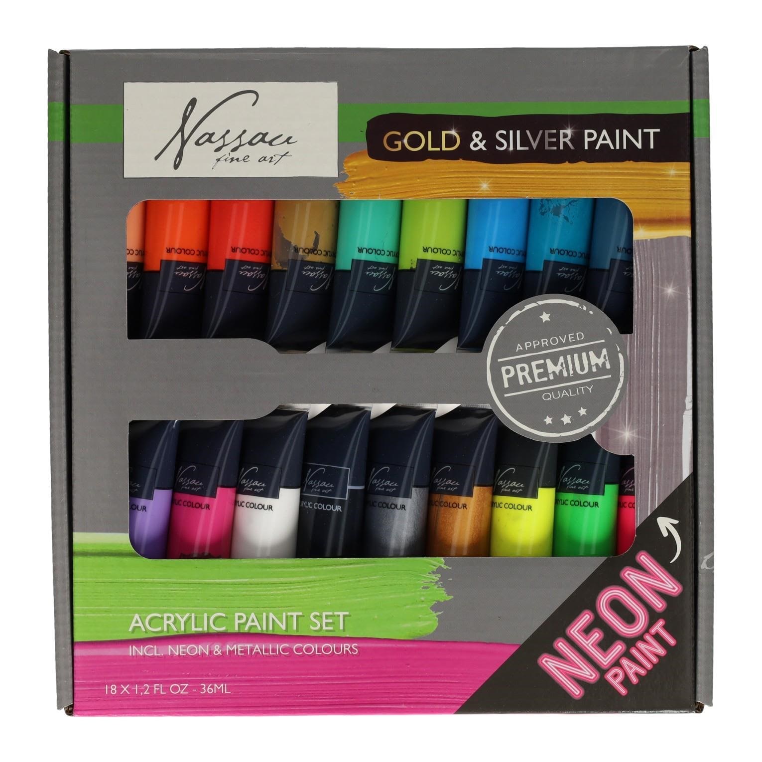 Nassau Acrylic Paint Fluorescent And Metallic Colors 18x36 ml - Hobby Zubehoer