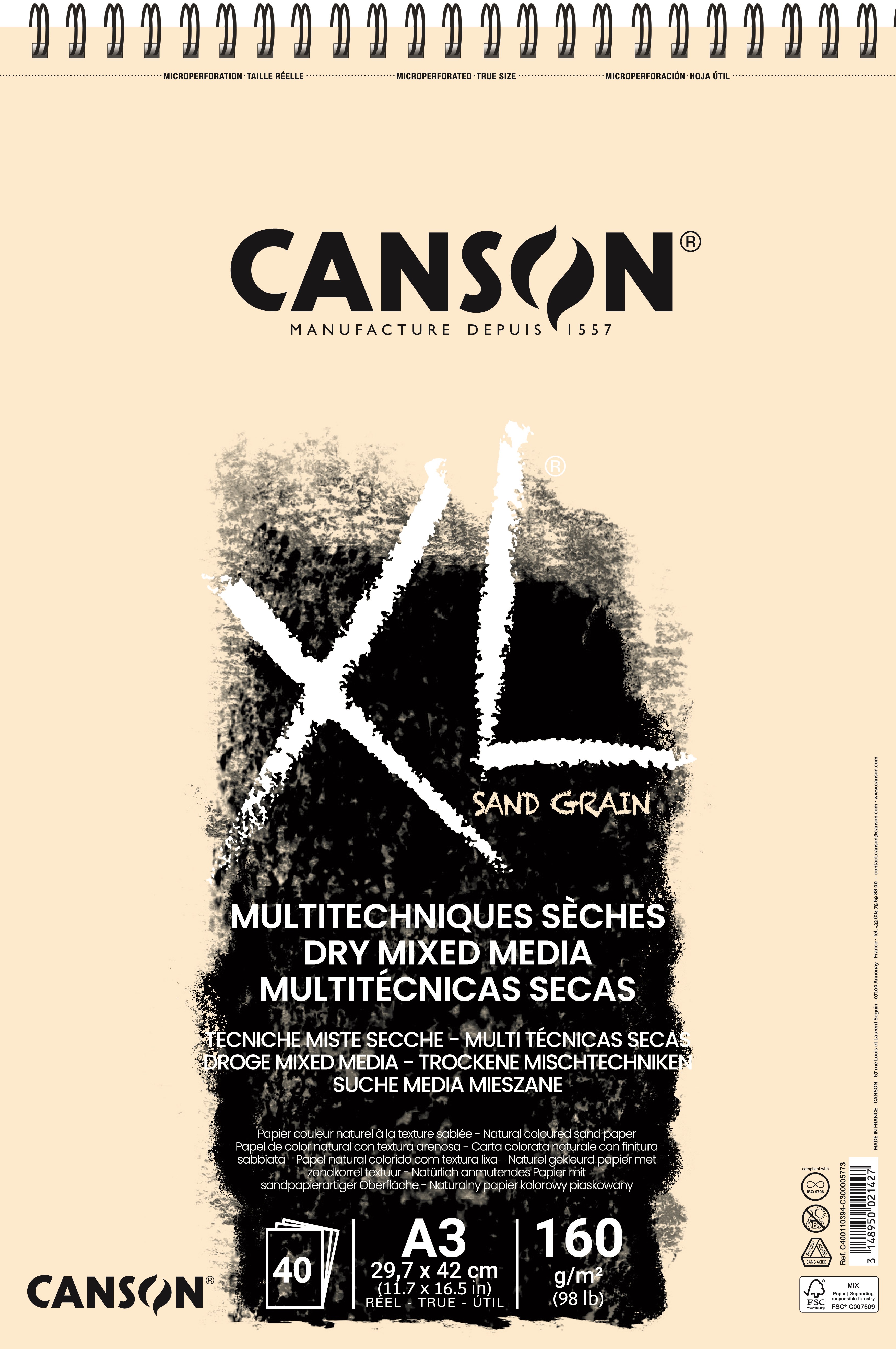 Canson XL Sand Grain A3 160g Natural Spiral 40 SH - Kunst Handwerk Ausstattung