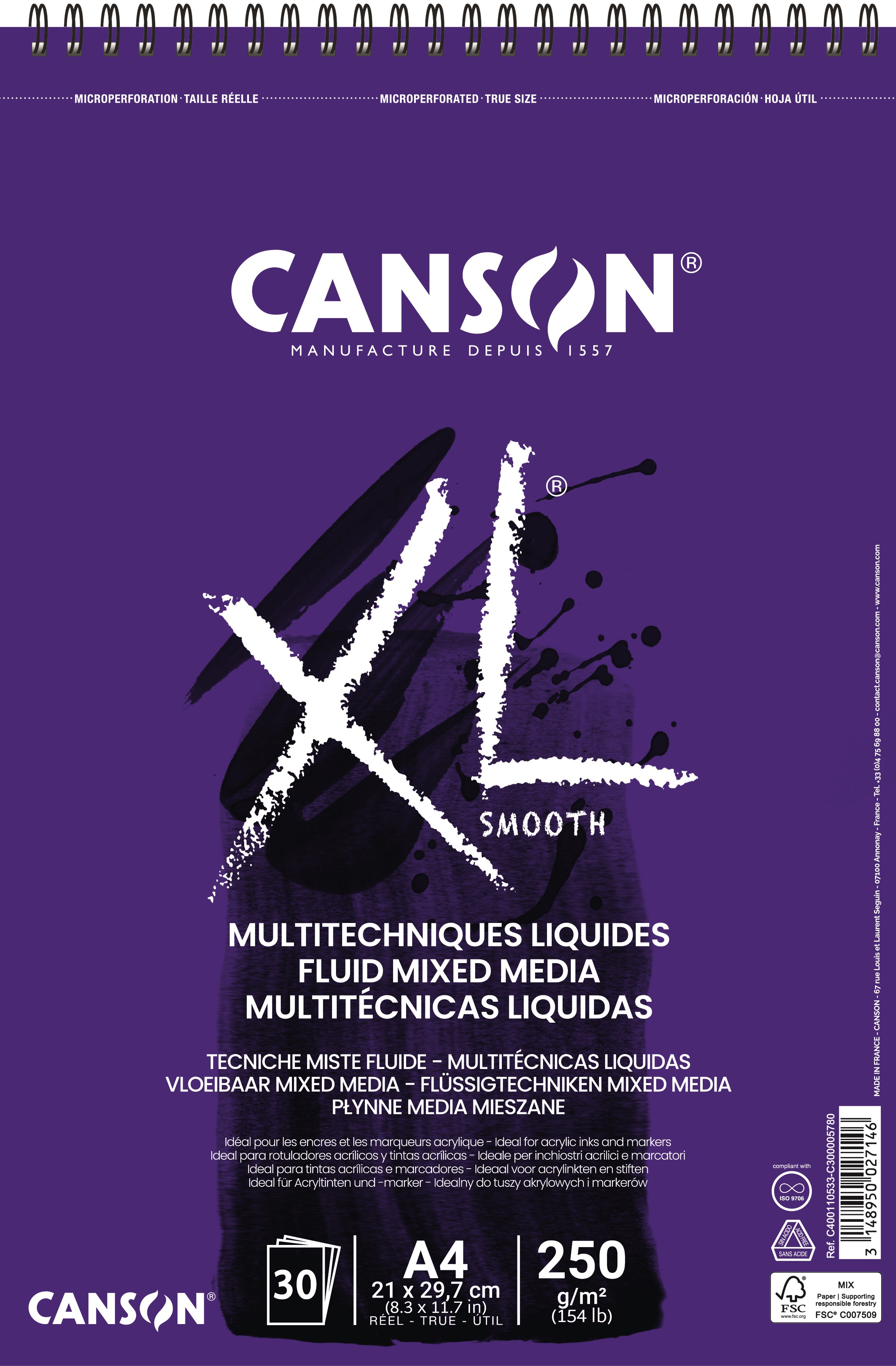 Canson XL Fluid Mixed Media A4 250g Spiral 30 SH - Kunst Handwerk Ausstattung 17-400110533