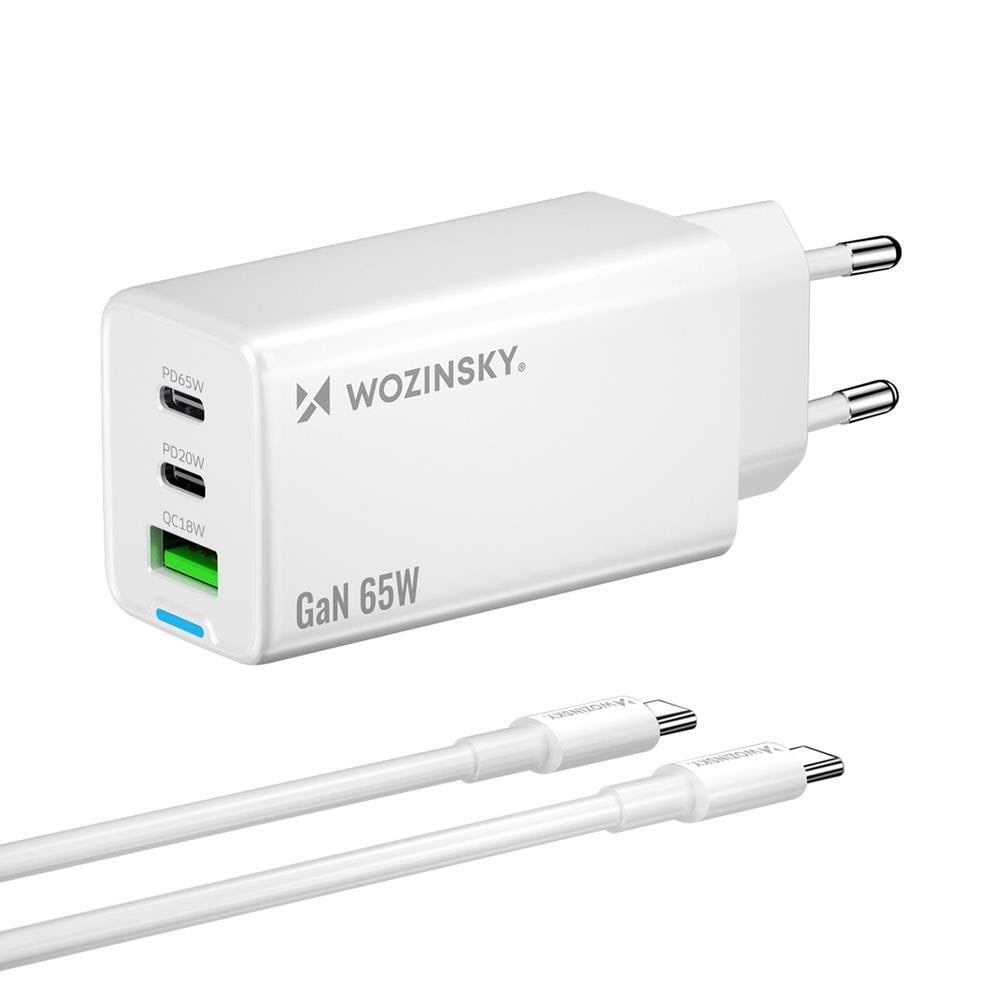 Wozinsky Gan 65w Charger With Usb-a 2xusb-c Ports With 65w Usb-c Cable - White - Handys Adapter Und Ladegeraete 5907769383922