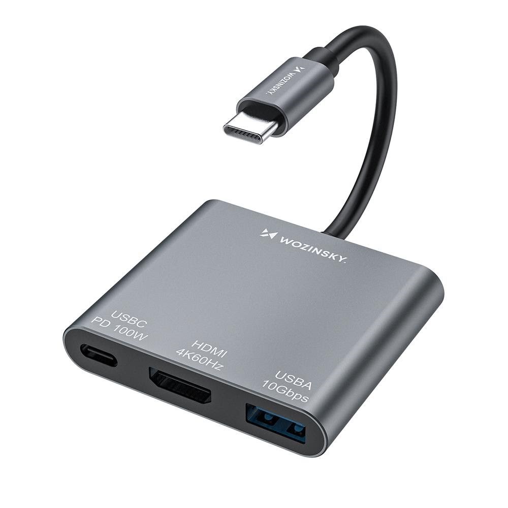 Wozinsky Whch-01 Usb-c PD 100w Hdmi 4K@30hz Usb-a 10gbps Hub - Grey Usb-hubs - Usb 3.0 - 3 - Grau - Usb Hubs 5907769378911