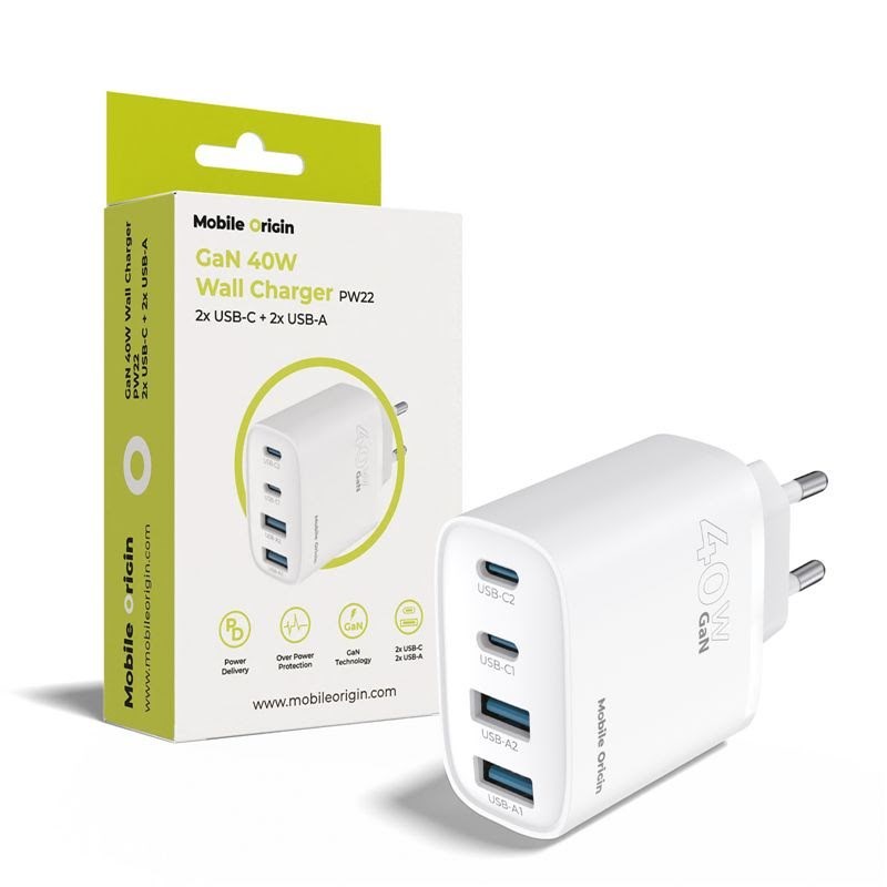 Mobile Origin 40w Gan Wall Charger Pw22 - 2x Usb-c + 2x Usb-a - Handys Adapter Und Ladegeraete Mo-40wch-pw22