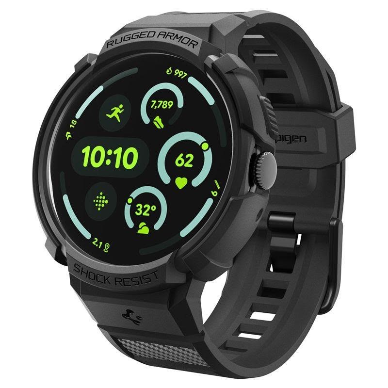 Spigen Rugged Armor Pro + Stand - Matte Black - Google Pixel Watch 4 45mm - Smartwatch Accessories Acs11223