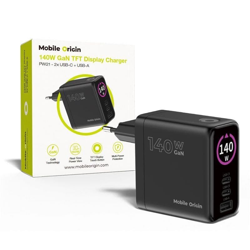 Mobile Origin 140w Gan Display Charger Pw21 - 2x Usb-c + Usb-a - Handys Adapter Und Ladegeraete