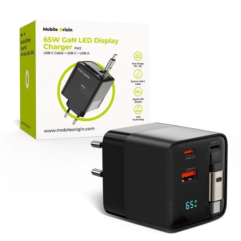 Mobile Origin 65w Gan Display Charger Pw2 - Usb-c Self-retracting Cable + Usb-c + Usb-a - Handys Adapter Und Ladegeraete