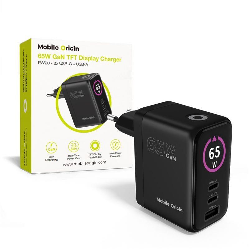 Mobile Origin 65w Gan Display Charger Pw20 - 2x Usb-c + Usb-a - Handys Adapter Und Ladegeraete Mo-65wdch-pw20