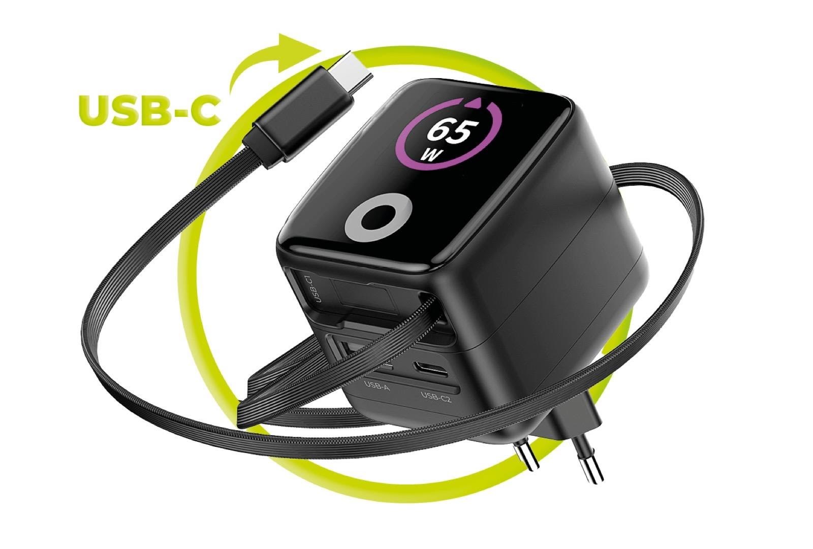 Mobile Origin 65w Gan Display Charger Pw3 - Usb-c Self-retracting Cable + Usb-c + Usb-a - Handys Adapter Und Ladegeraete