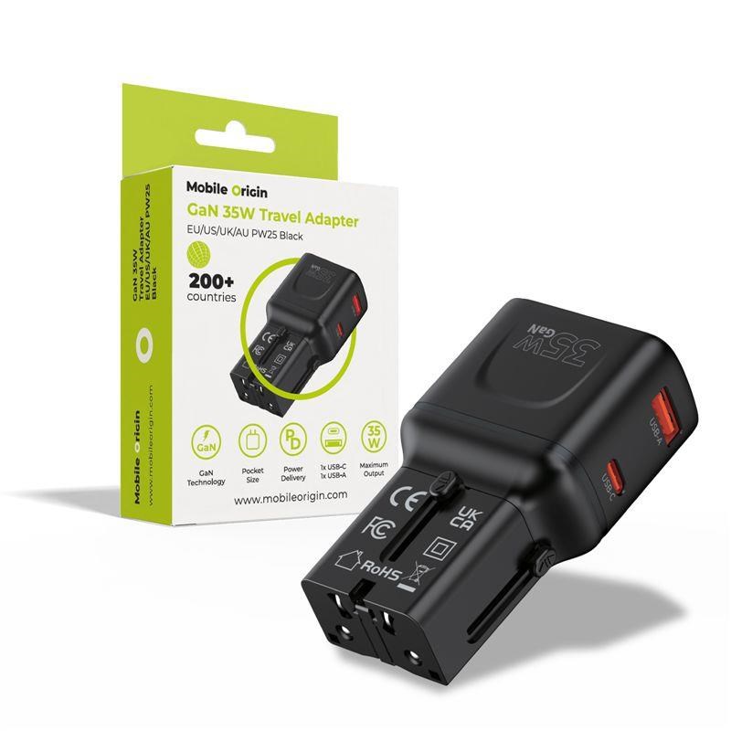 Mobile Origin 35w Travel Adapter - Eu/us/uk/au Pw25 - Black - Handys Adapter Und Ladegeraete