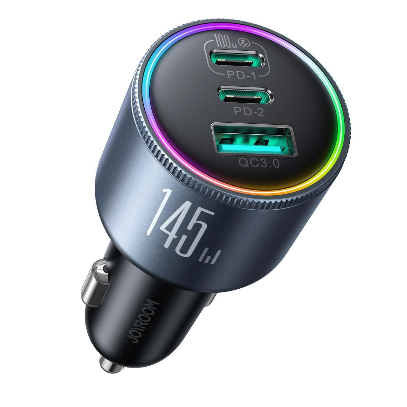 Joyroom Jr-ccn07 145w Car Charger 2xusb-c Usb-a + 100w Usb-c Cable - Dark Grey - Handys Adapter Und Ladegeraete