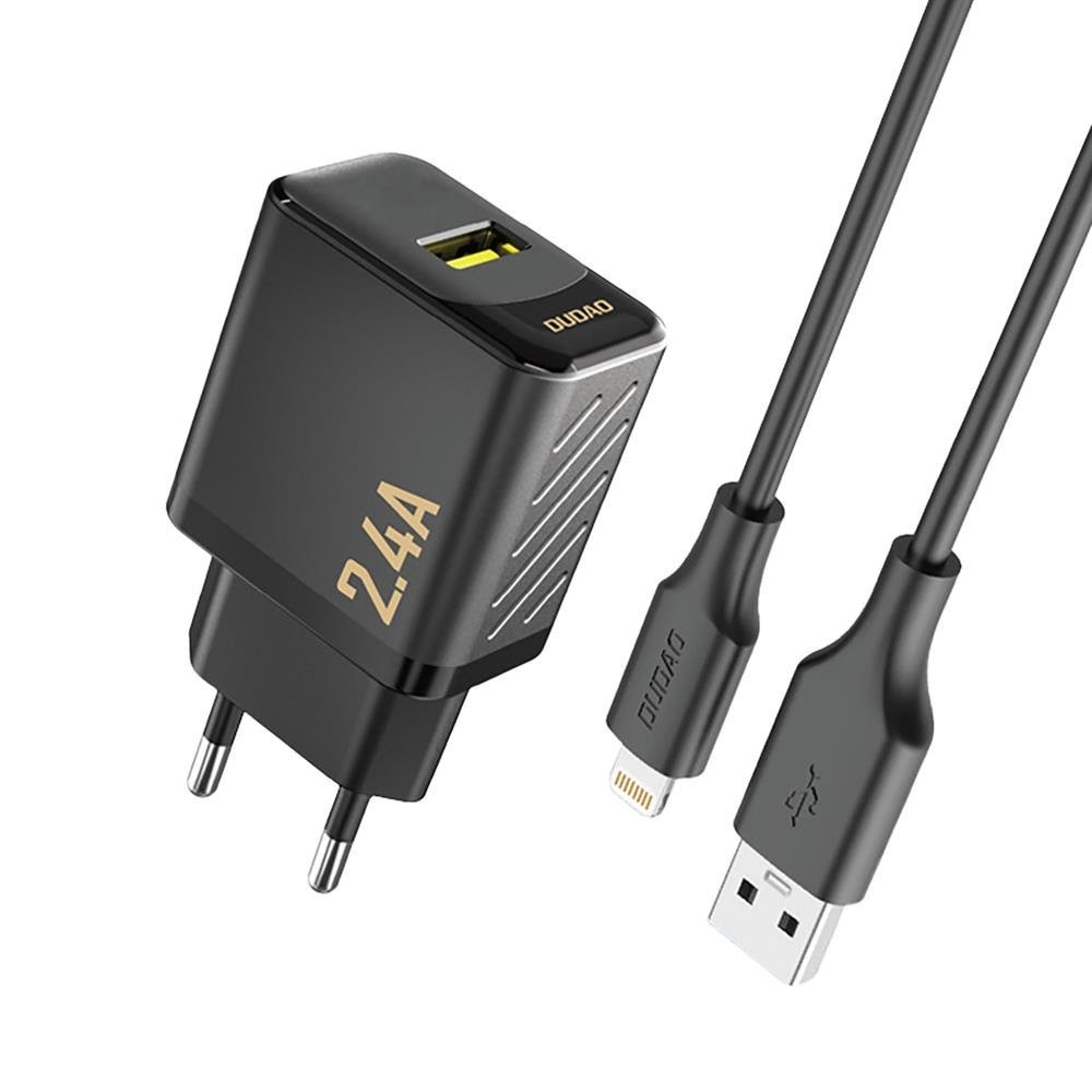 Dudao A23leu 2.4A Gan EU Usb-a Wall Charger With Usb-a Cable - Lightning - Black - Handys Adapter Und Ladegeraete