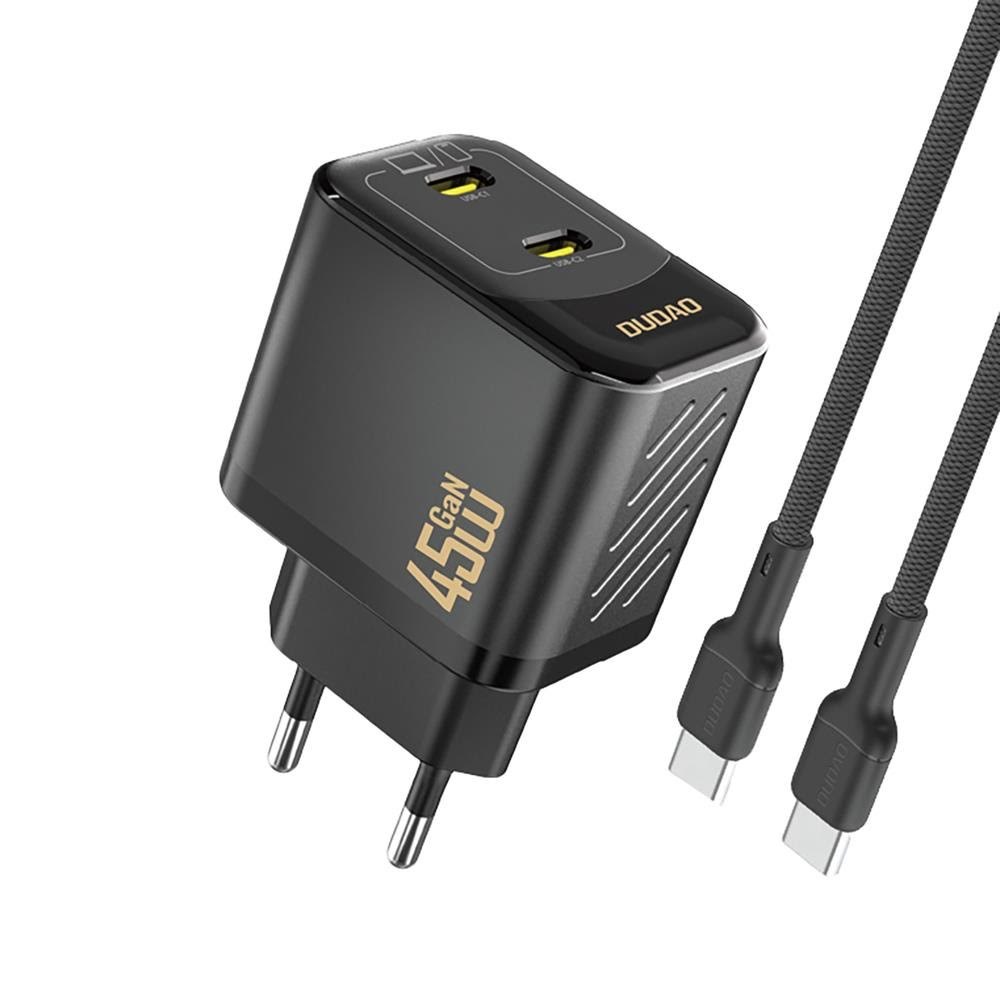 Dudao A28pceu PD 45w Gan 2xusb-c Wall Charger With Usb-c Cable - Black - Handys Adapter Und Ladegeraete