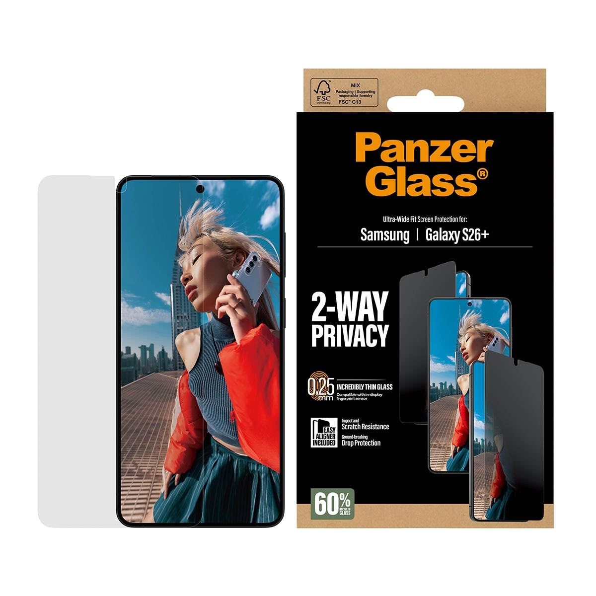 Panzerglass 2-way Privacy Screen Protector Samsung Galaxy S26+ | Ultra-wide Fit w. Easyaligner - Handys Schutzfolie Pg65236