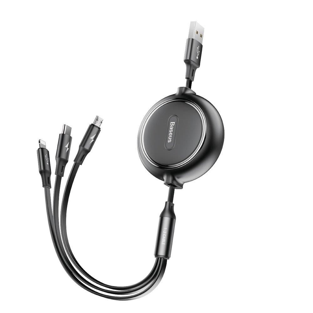Baseus Golden Loop 3in1 Extendable Cable Usb - Micro Usb / Lightning / Usb-c 3.5A 35cm - 120cm Black (Camlt-jh01) - Usb Kabel Schwarz