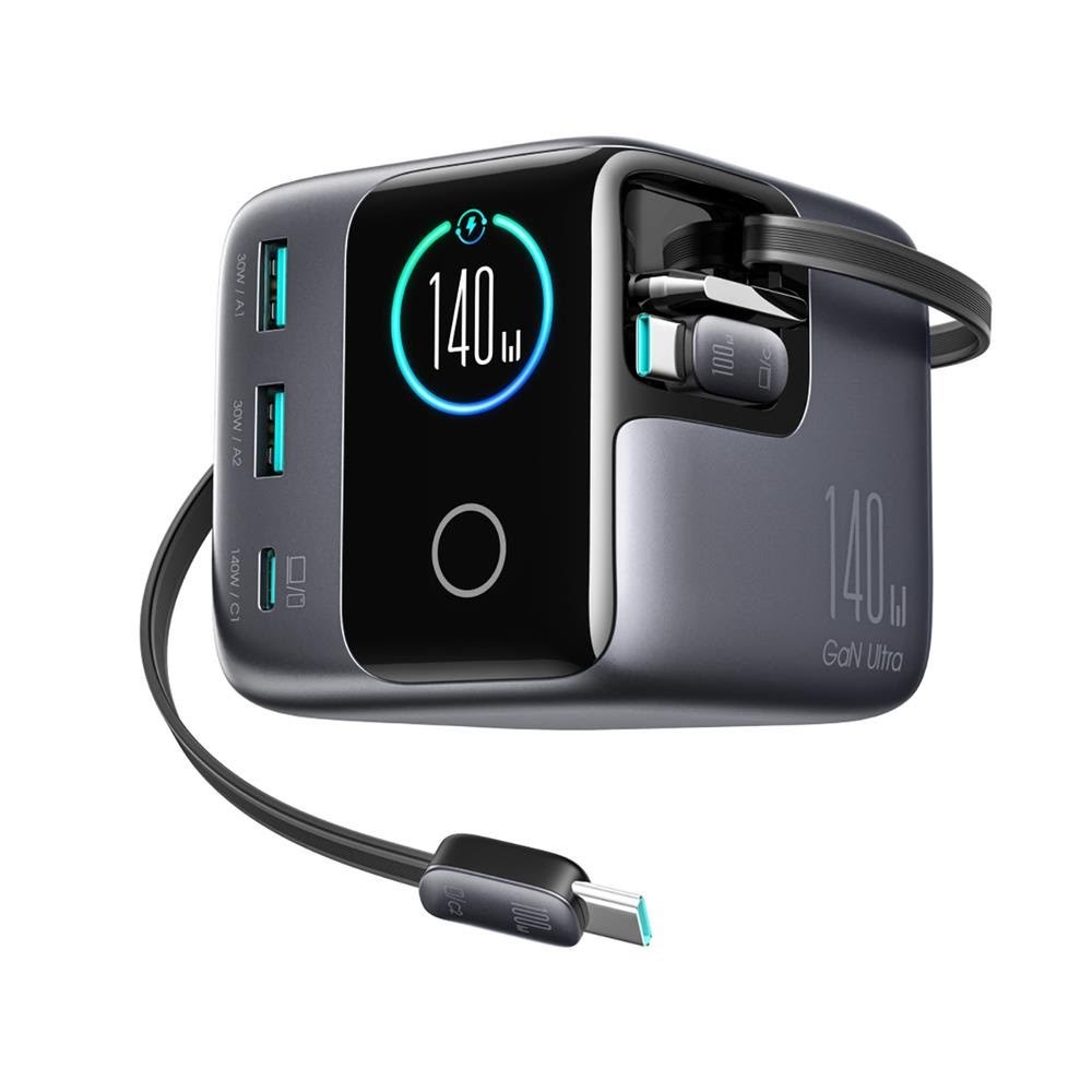 Joyroom Podix Jr-trd01 Gan 140w Desktop Charger With 5 Ports And Dual Retractable Cables - Gray - Handys Adapter Und Ladegeraete