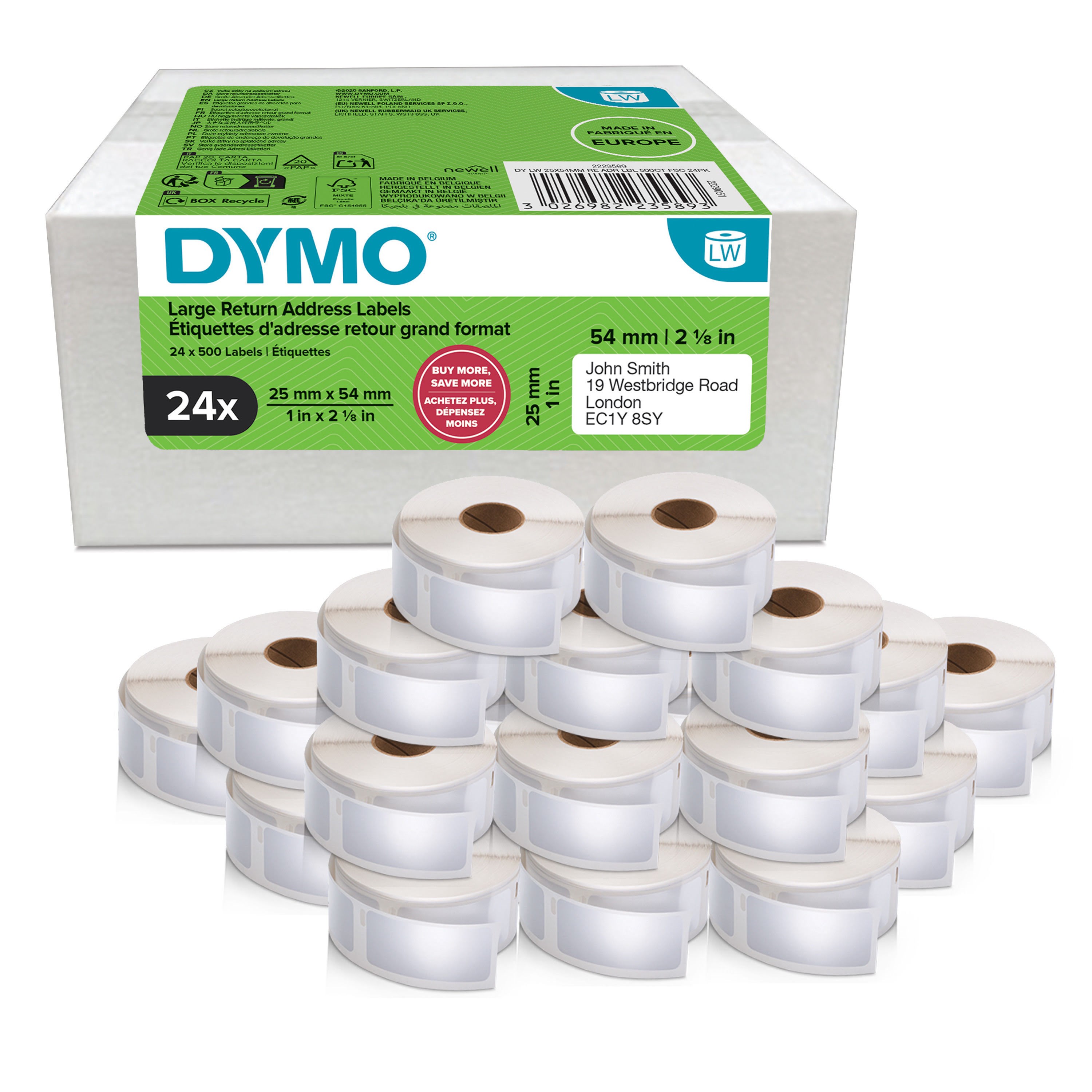 Dymo Authentic Labelwriter Return Address Labels | 25 mm x 54 mm | Self-adhesive | 24 Rolls of 500 Easy-peel Labels (12.000 Count) | For Labelwriter 