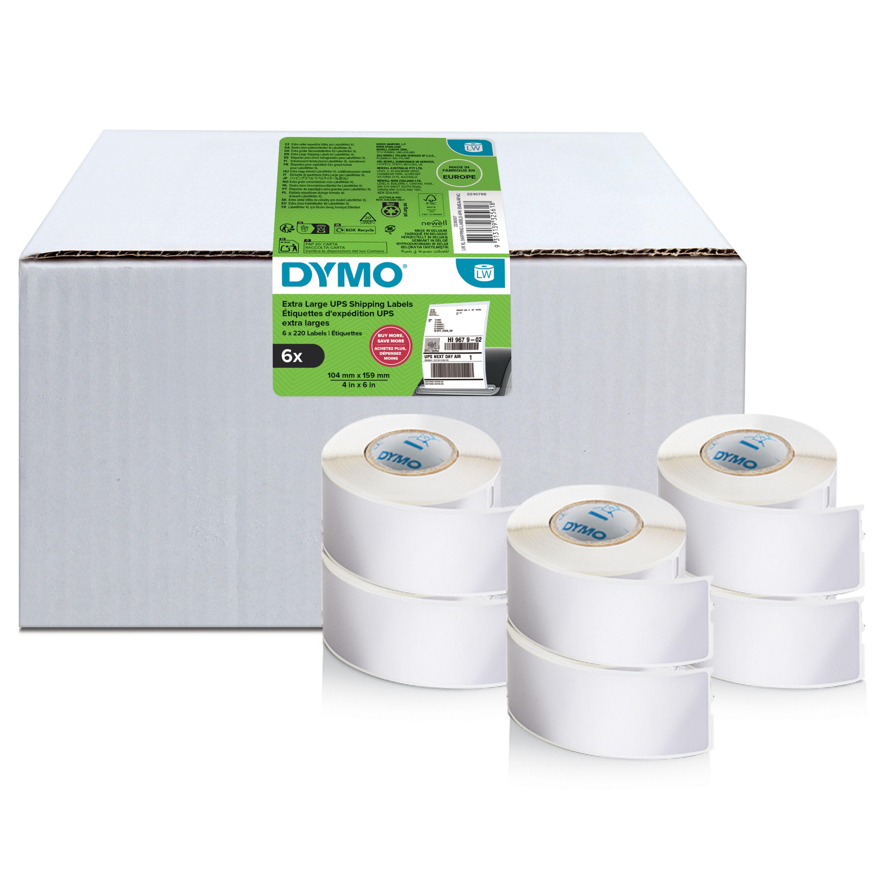 Dymo Authentic Labelwriter Extra Large Shipping Labels | 104 mm x 159 mm | Self Adhesive | 6 Rolls of 220 Easy-peel Labels (1.320 Count) | For 