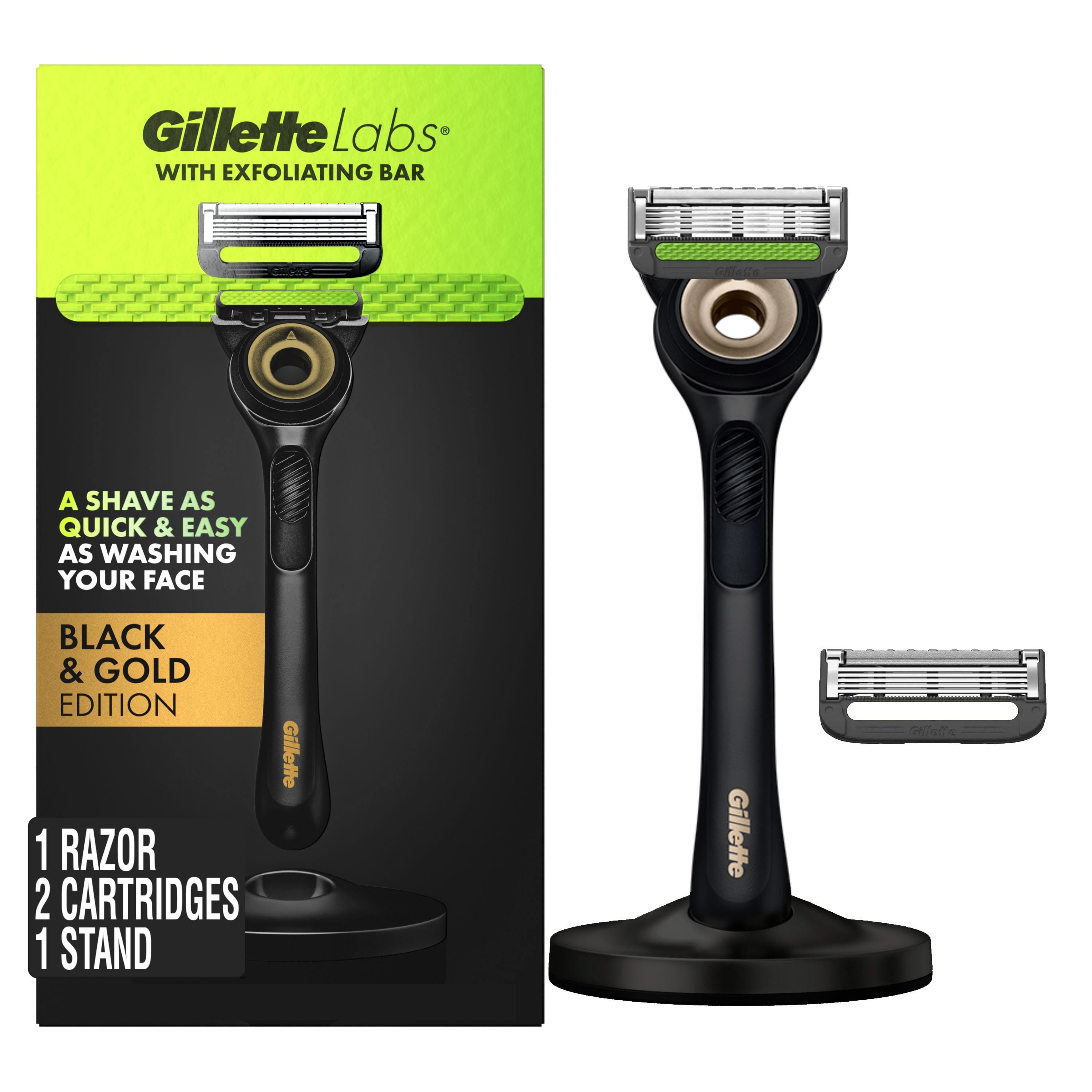 Gillette Exfoliating Bar Razor Black And Gold Edition (2 Count + Handle + Stand) - Rasierausstattung 8700216355520