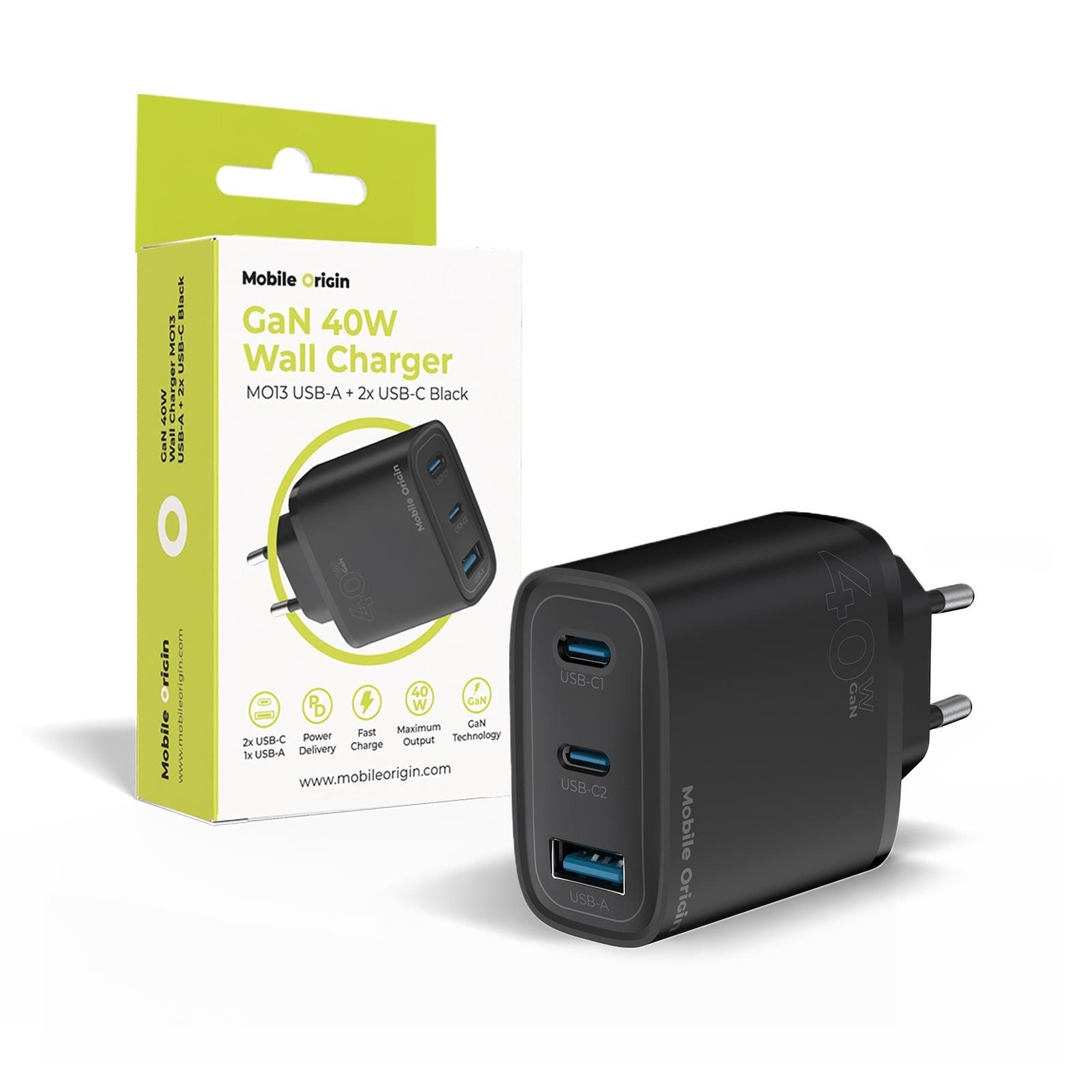 Mobile Origin Gan 40w Wall Charger Mo13 - Black - 1 Usb-a + 2 Usb-c - Handys Adapter Und Ladegeraete