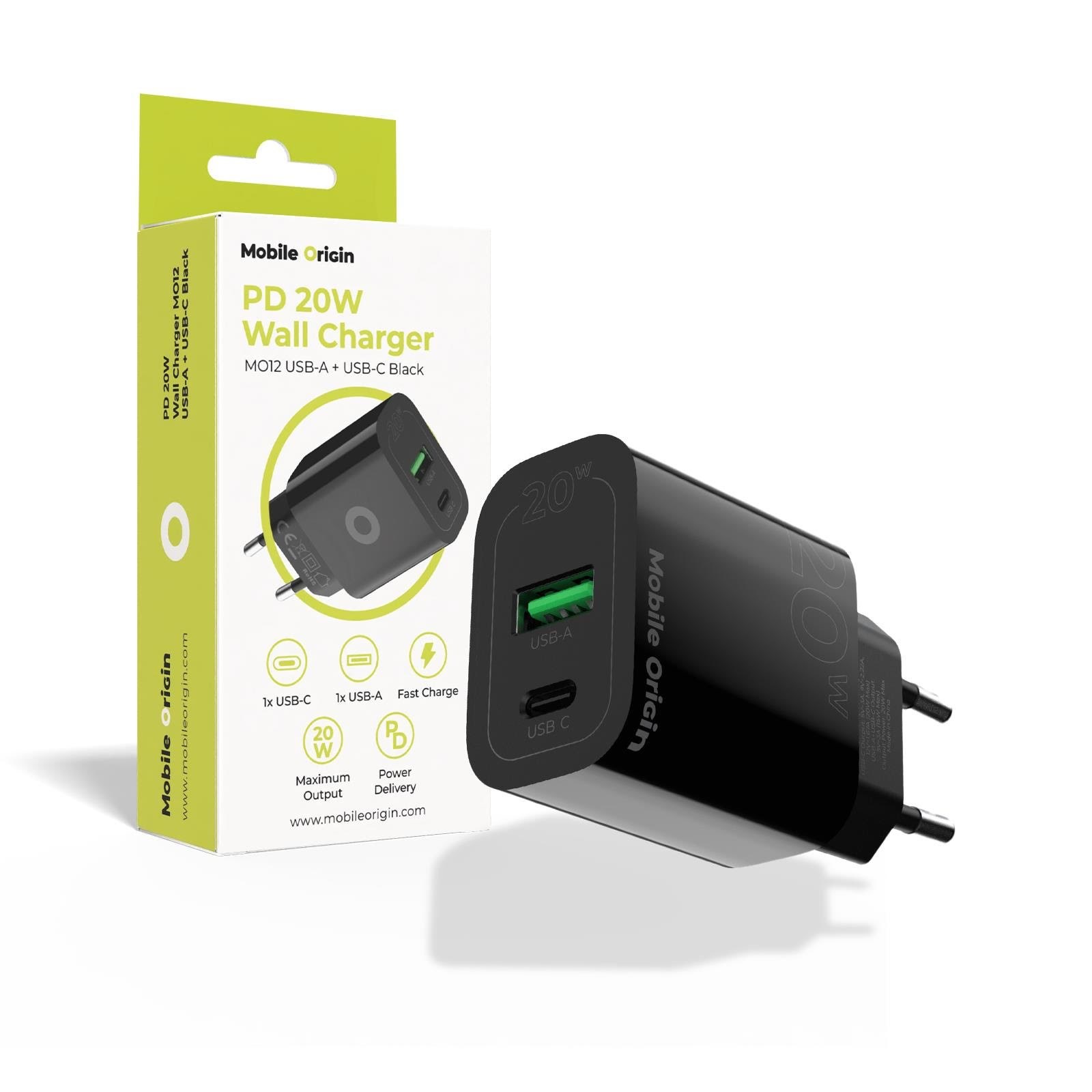 Mobile Origin Pd20w Wall Charger Mo12 - Black - 1 Usb-a + 1 Usb-c - Handys Adapter Und Ladegeraete