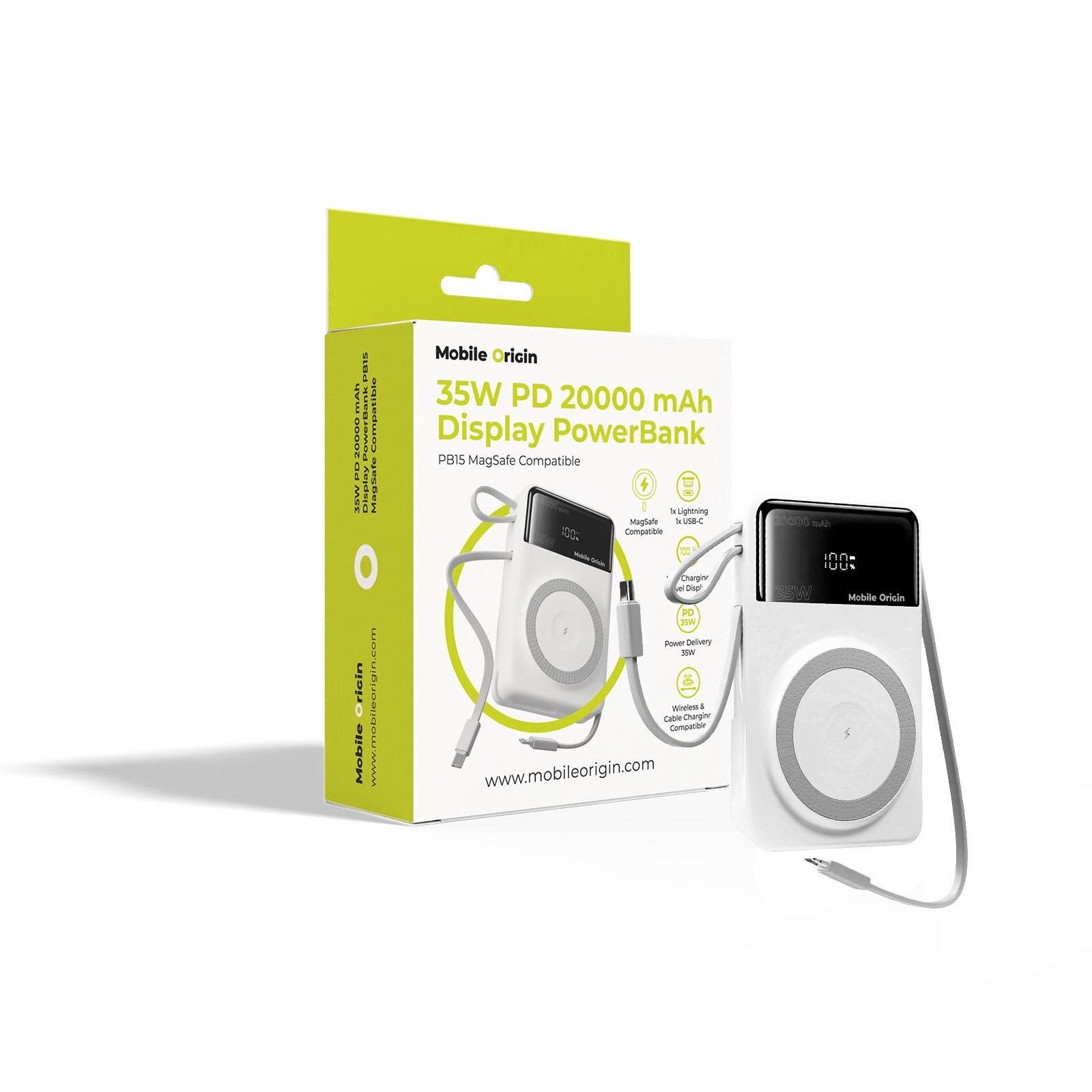Mobile Origin 35w PD 20000mah Display Powerbank Pb15 Magsafe Compatible - 20000 Mah - Powerbank Akku Weiß Mo-35wpdd-pb15