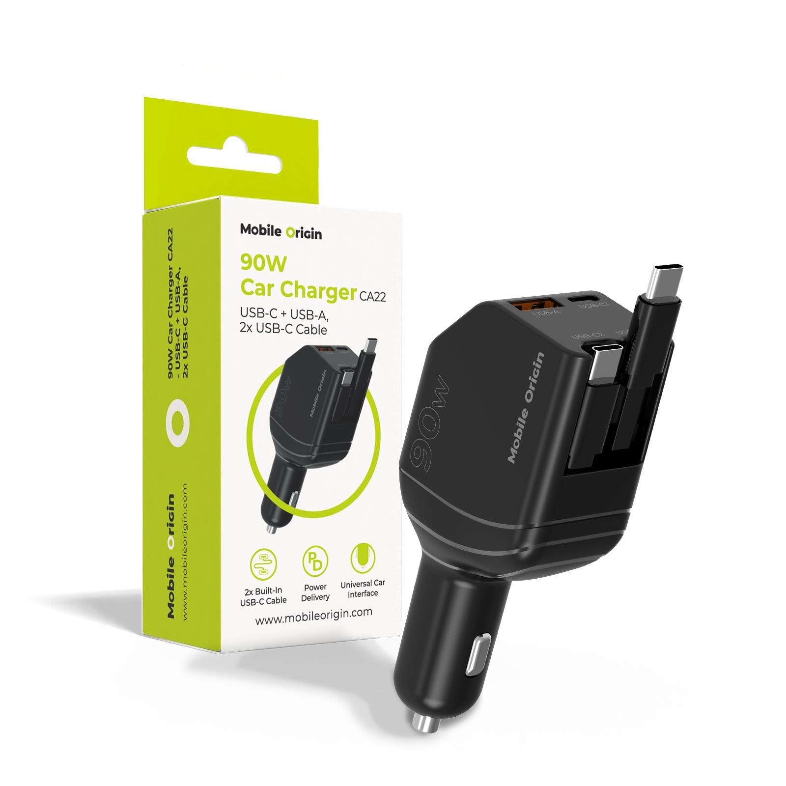 Mobile Origin 90w Car Charger Ca22 - Usb-c + Usb-a 2x Usb-c Cable - Handys Adapter Und Ladegeraete Mo-90cch-ca22