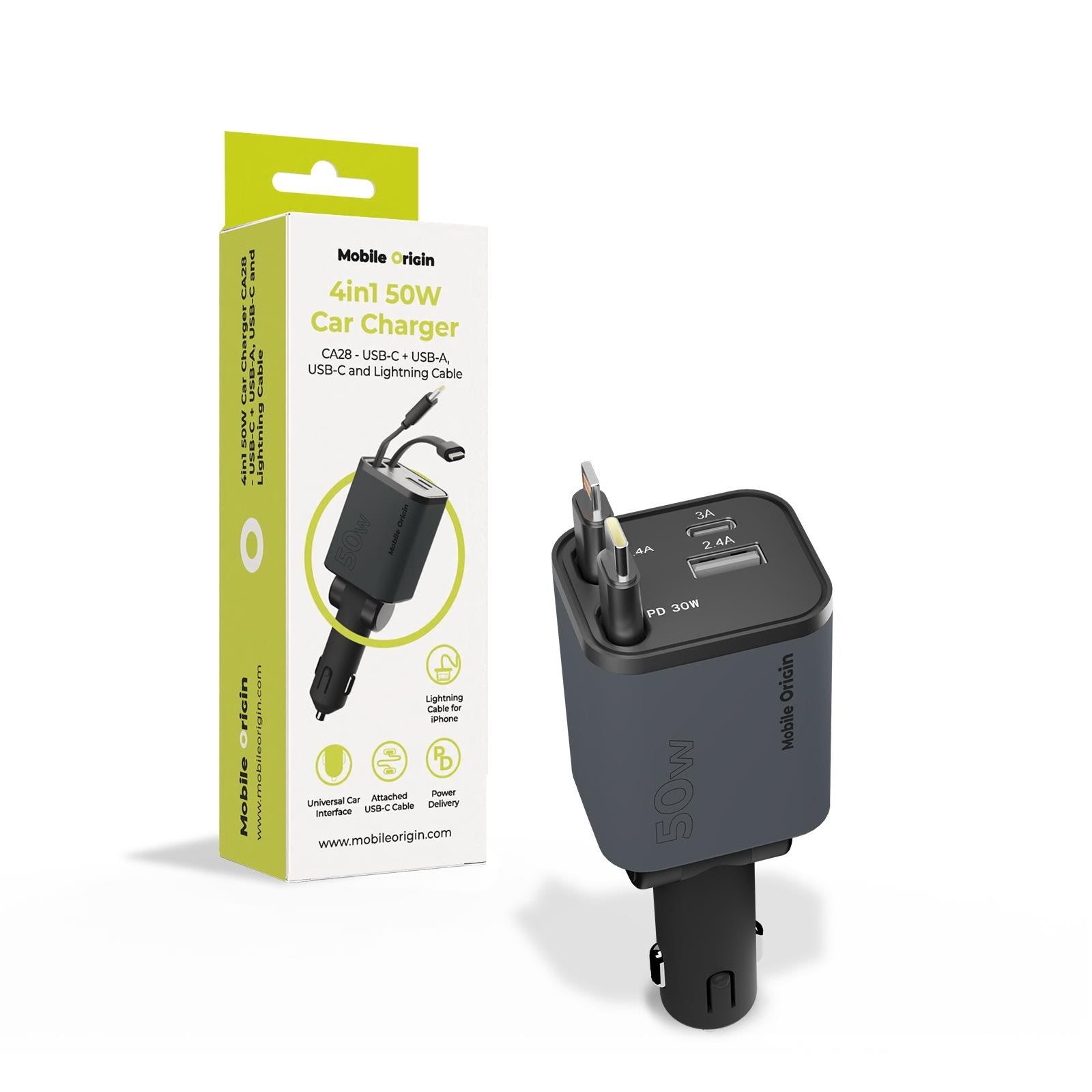 Mobile Origin 4in1 50w Car Charger Ca28 - Usb-c + Usb-a Usb-c And Lightning Cable - Handys Adapter Und Ladegeraete