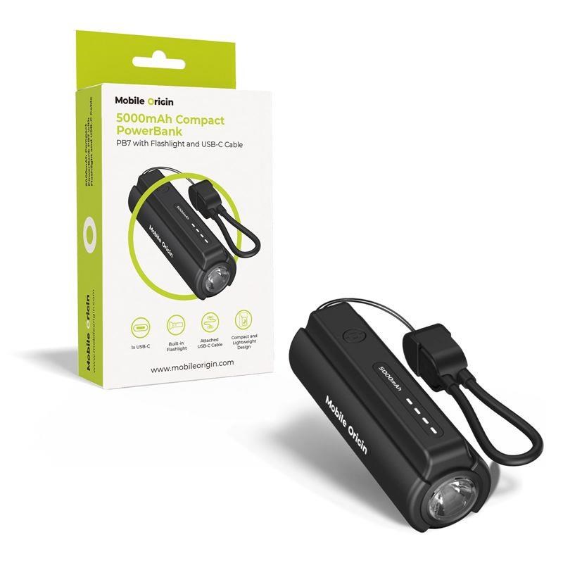 Mobile Origin 5000mah Compact Powerbank Pb7 With Flashlight And Usb-c Cable - 5000 Mah - Powerbank Akku